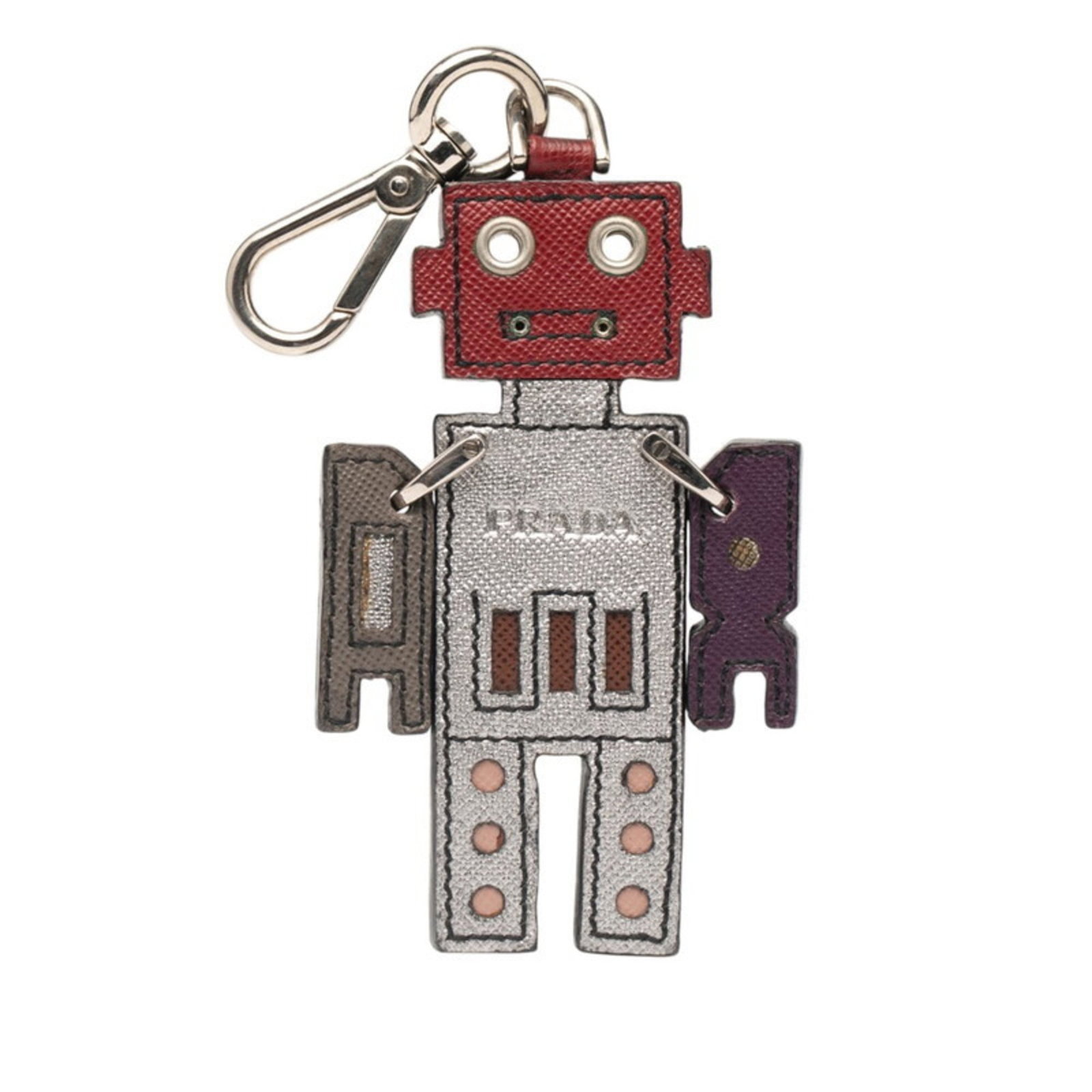 Keyring leather metal by Prada: Keyring leather metal by Prada This Prada keyring combines leather and metal in a unique multi-color design, adding a touch of sophistication to any keys. The item features a distinctive size and colo