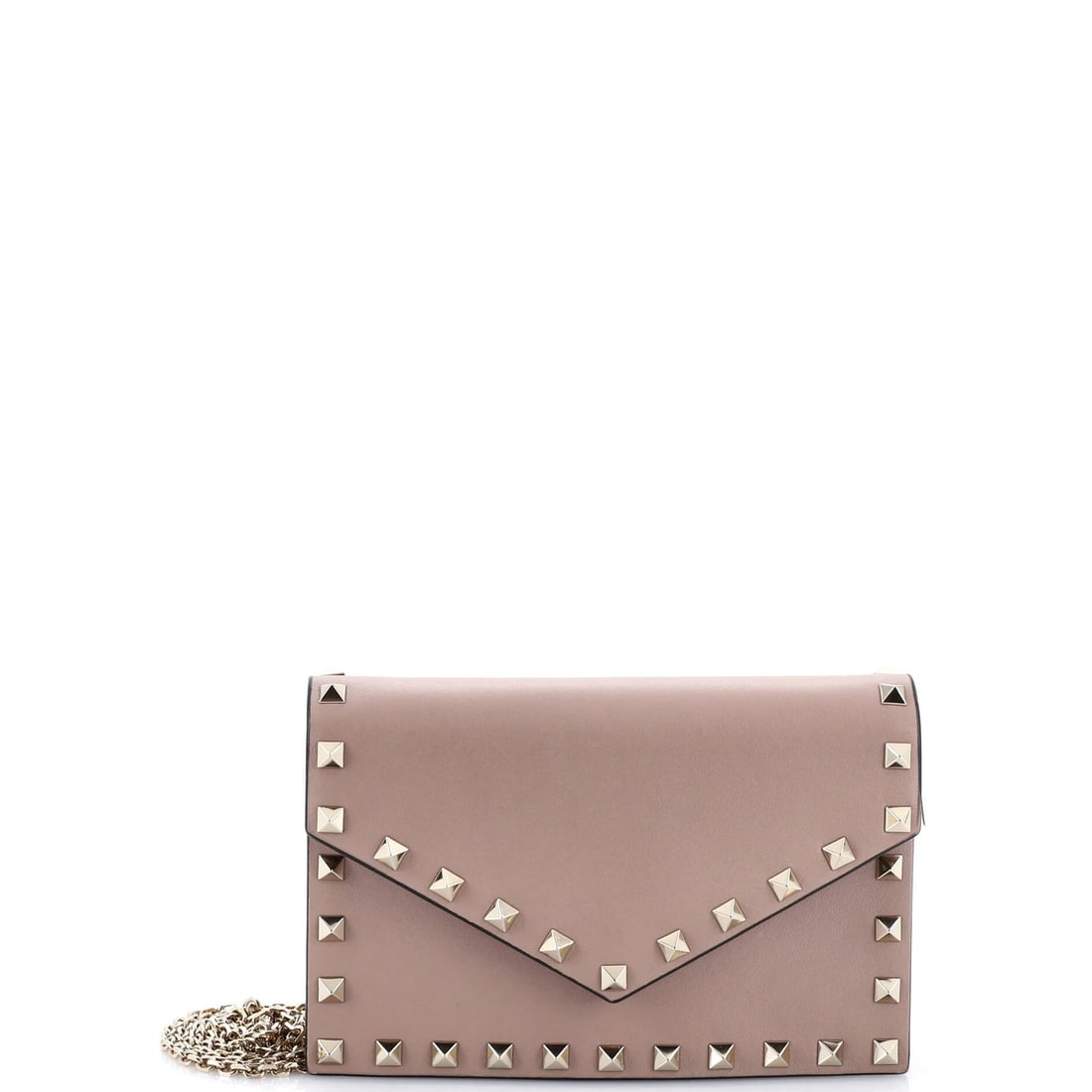Valentino Garavani Rockstud Envelope Chain Crossbody Bag Leather Small: Valentino Garavani Rockstud Envelope Chain Crossbody Bag Leather Small The Valentino Garavani Rockstud Envelope Chain Crossbody Bag Leather Small features a striking pink exterior with a subtle satin 