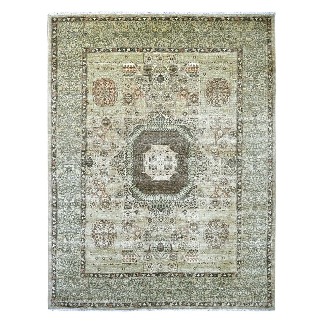 9'3"x11'8" Light Green 14th Century Mamluk Design Hand Knotted Wool Rug: 9'3"x11'8" Light Green 14th Century Mamluk Design Hand Knotted Wool Rug 9'3"x11'8" Light Green Mamluk Design Hand Knotted Wool Rug - A stunning example of traditional Afghan craftsmanship, this hand-k