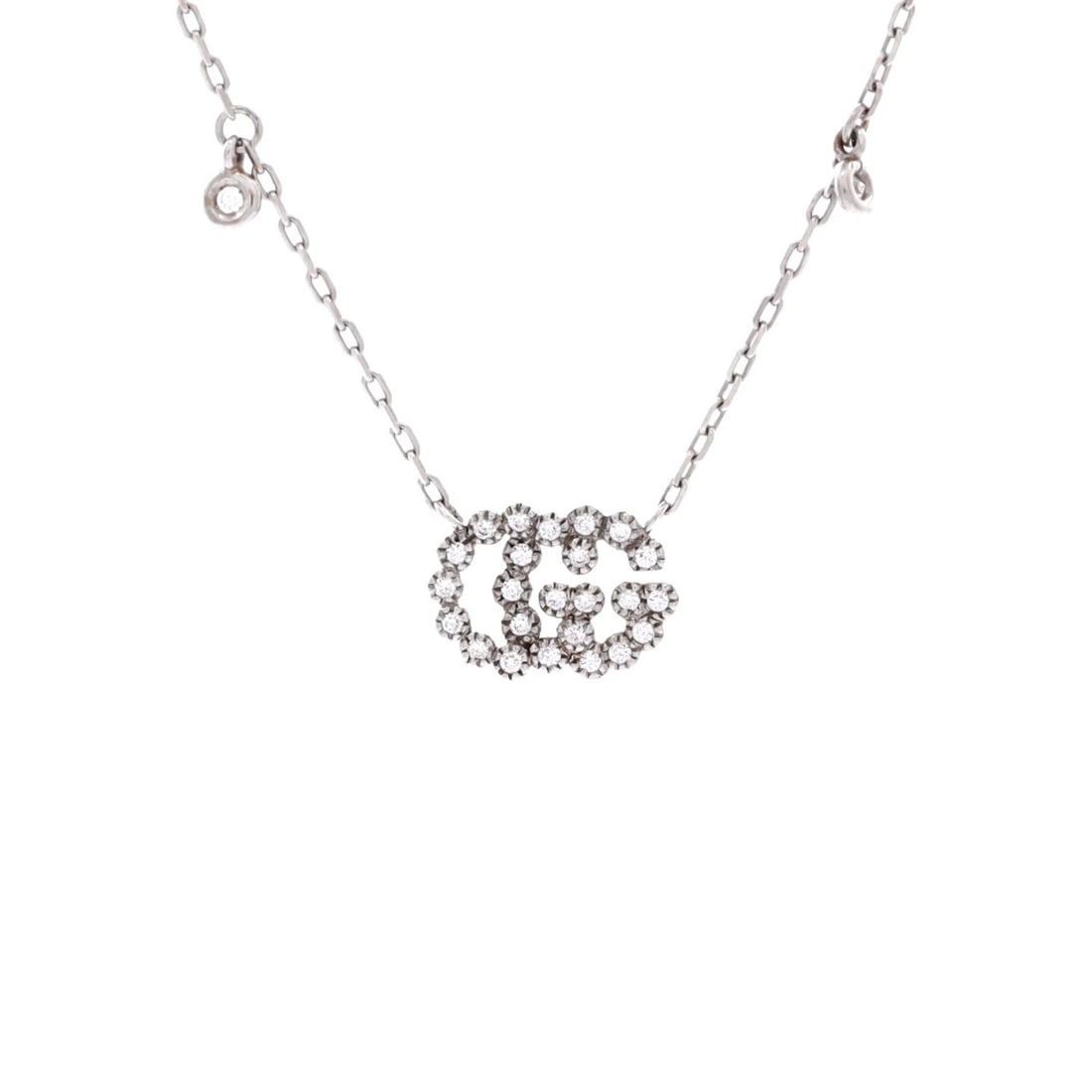 Running station necklace gold diamonds Gucci GG: Running station necklace gold diamonds Gucci GG 18K White Gold and Diamond Gucci GG Running Station Necklace. This stunning necklace features a 15.0 - 16.5" chain with an 8.65 mm x 11.95 mm pendant,
