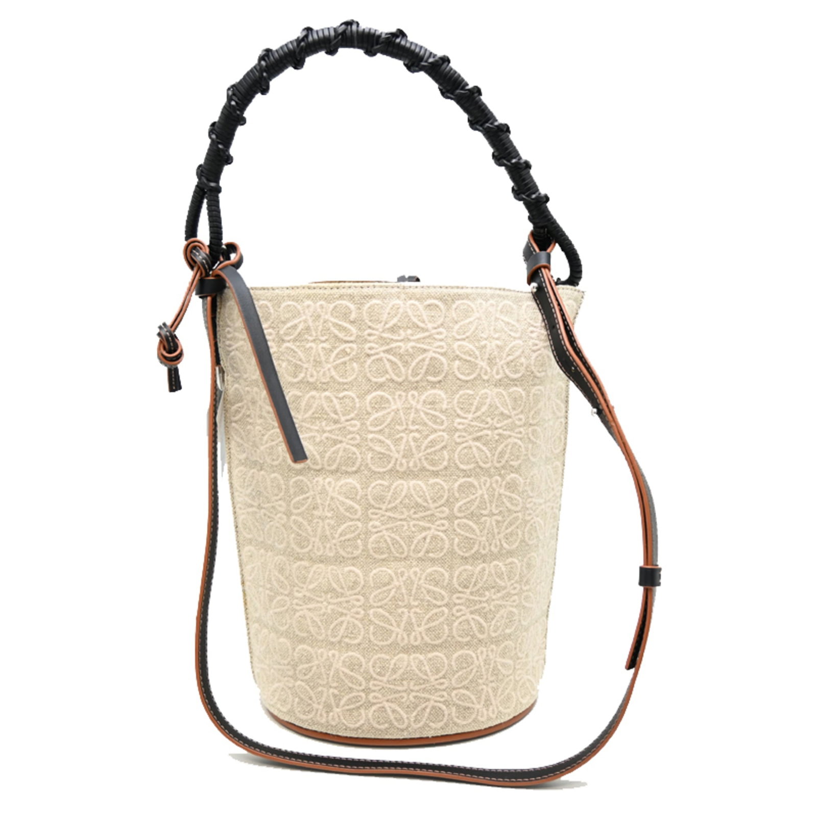 Baguette Bag in Leather and Canvas: Baguette Bag in Leather and Canvas Baguette Bag in Leather and Canvas features a timeless design with beige and black hues, combining luxurious leather and canvas materials. Its compact size makes it