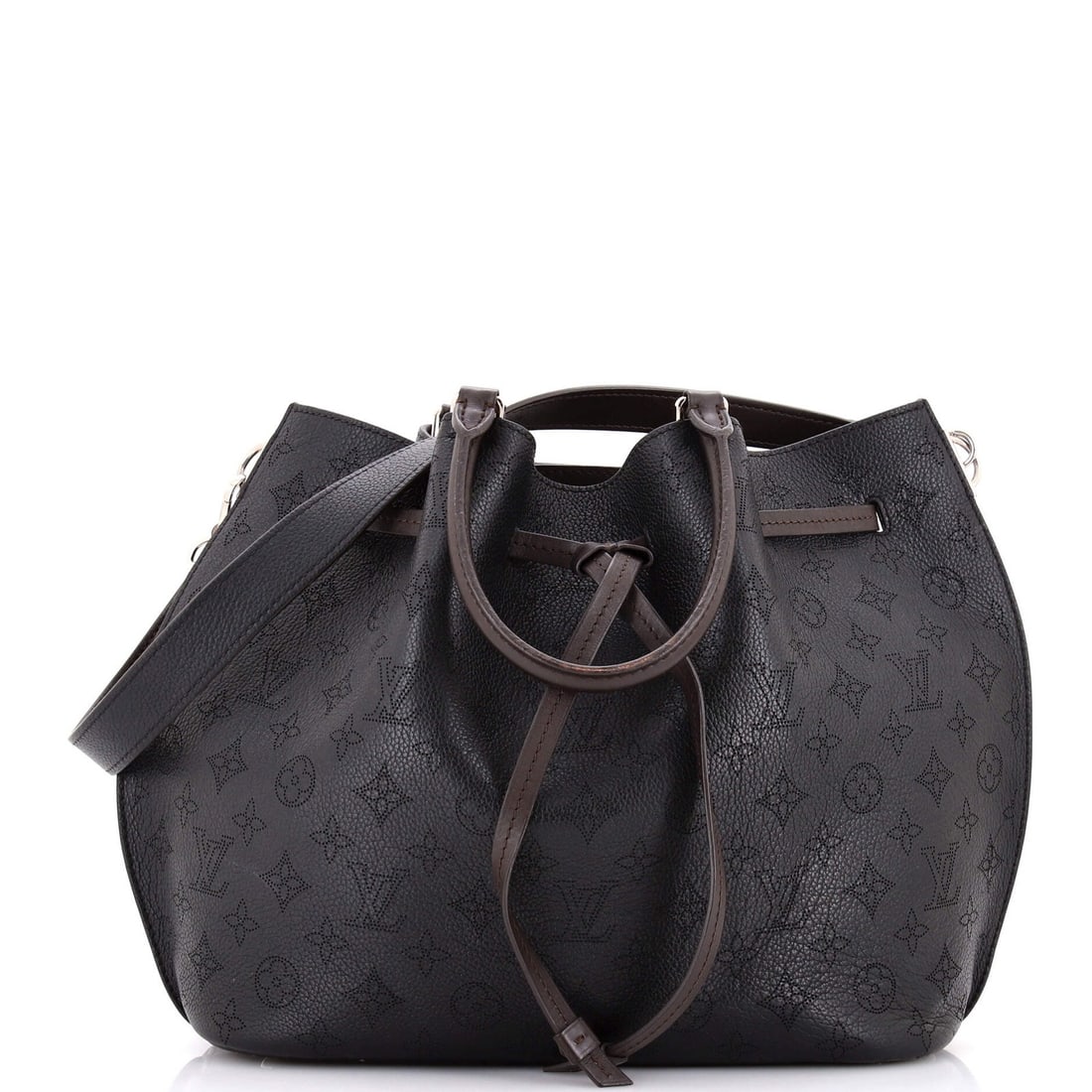 Louis Vuitton Girolata Handbag Mahina Leather: Louis Vuitton Girolata Handbag Mahina Leather Black Louis Vuitton Girolata Handbag Mahina Leather features scuffs, edge wear, and minor creases on its exterior. The interior boasts a gray microfiber