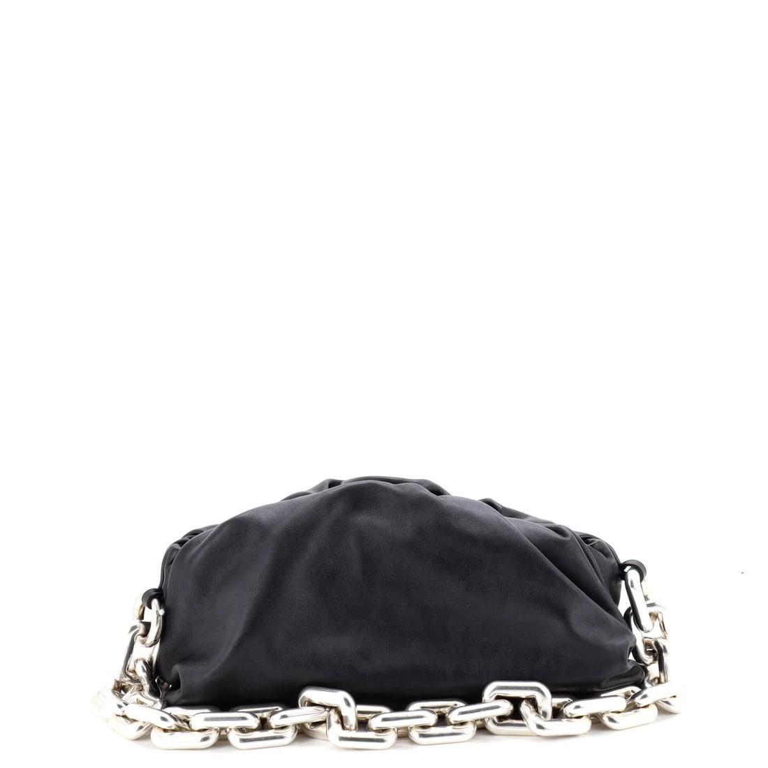 Bottega Veneta The Chain Pouch Leather: Bottega Veneta The Chain Pouch Leather Black Bottega Veneta The Chain Pouch Leather shoulder bag with silver hardware, featuring scuffs and minor creases on the exterior and a perfume odor inside.