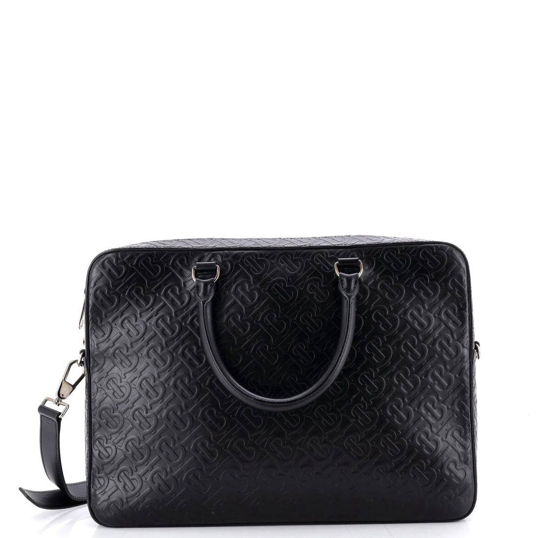 Burberry Briefcase Ainsworth Monogram TB Leather: Burberry Briefcase Ainsworth Monogram TB Leather The Burberry Ainsworth Briefcase TB Monogram features embossed leather exterior with a classic black finish, complemented by neutral interior and silve