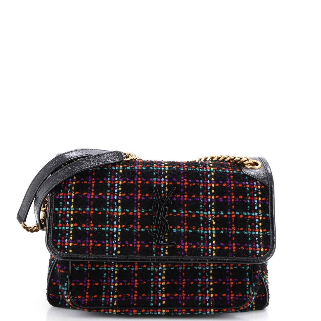 Chain Flap Bag Saint Laurent Tweed Matelasse Medium Chevron Niki: Chain Flap Bag Saint Laurent Tweed Matelasse Medium Chevron Niki Tweed and matelasse come together in a vibrant multicolor design, adding visual interest to this medium-sized shoulder bag from Saint