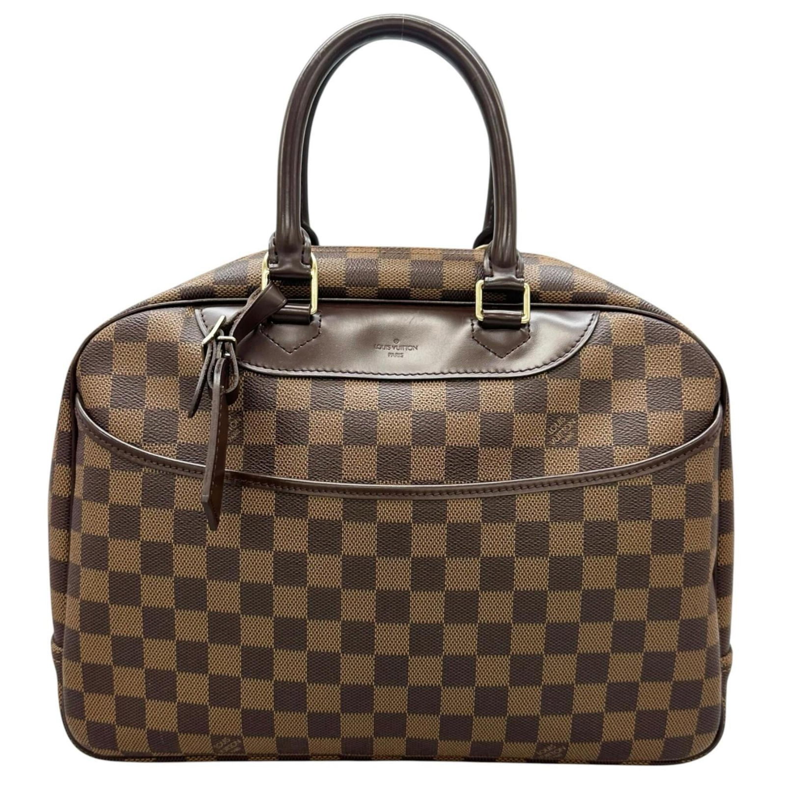 Handbag Damier Canvas Vuitton Louis: Handbag Damier Canvas Vuitton Louis Damier Canvas Vuitton Louis handbag in brown, featuring gold hardware and a zipper closure. With its classic design and durable damier canvas material, this bag