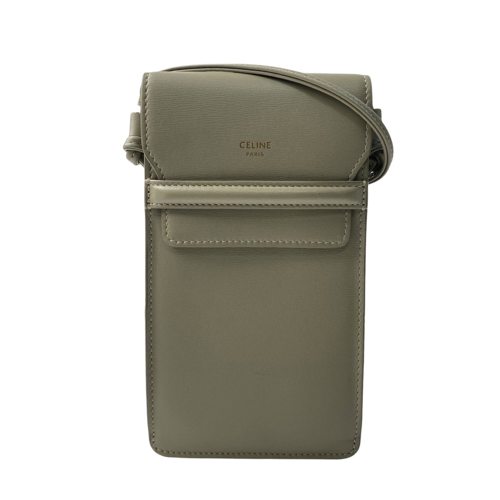 Celine Phone Wallet Leather: Celine Phone Wallet Leather Gray and Khaki Celine Phone Wallet Leather. This used phone wallet features high-quality leather with some traces of usage, minor scratches, and dirt visible. In very good