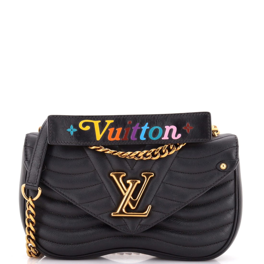 Chain Bag Leather Vuitton Mm Quilted New Wave: Chain Bag Leather Vuitton Mm Quilted New Wave Black quilted leather Louis Vuitton MM New Wave chain bag with gold hardware, featuring scuffs and creases on the exterior and interior. The bag measures