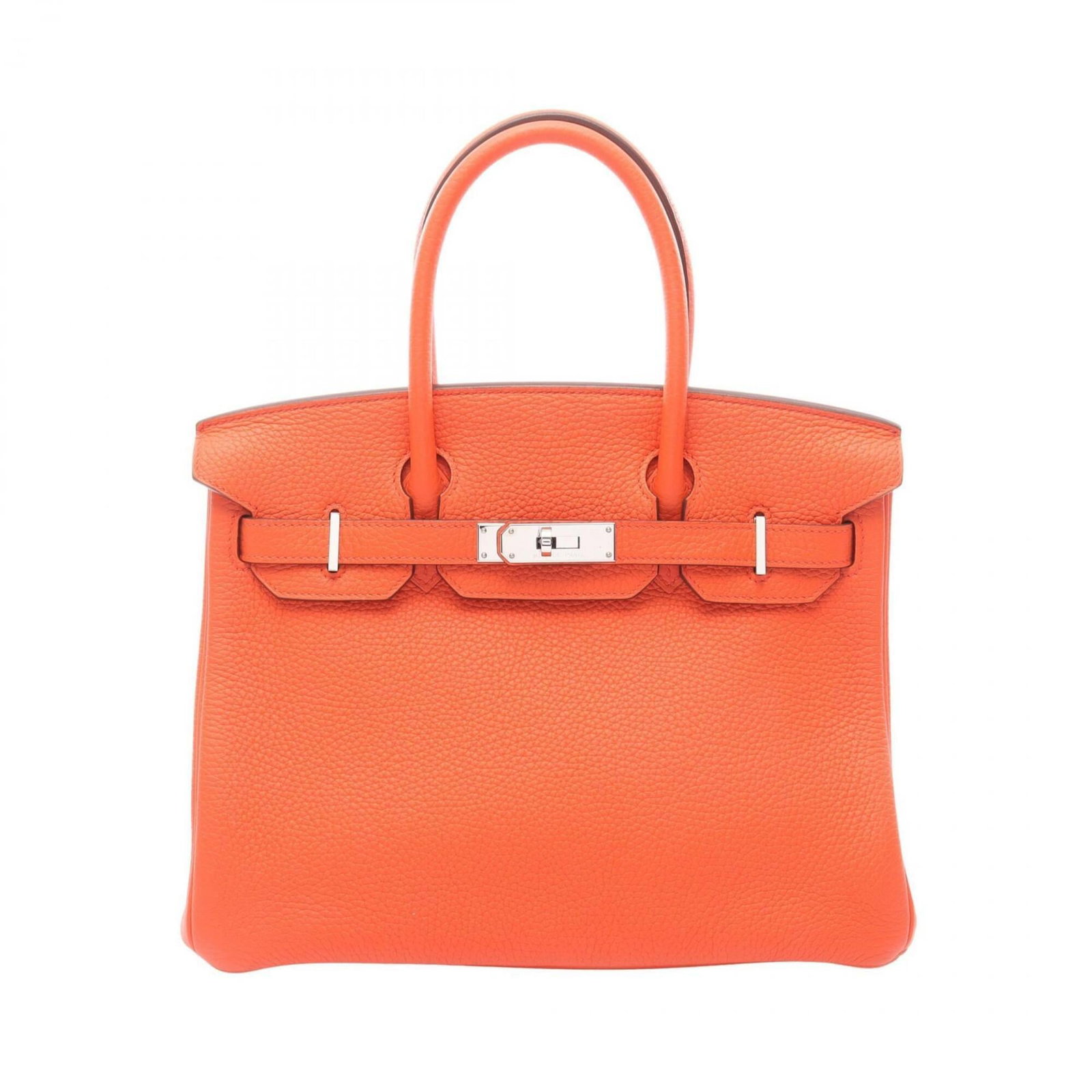 Handbag Leather Togo Hermes: Handbag Leather Togo Hermes Togo Leather Handbag from Hermes, featuring a vibrant orange color and classic design. This used handbag has some scratches and dirt, but remains in very good condition