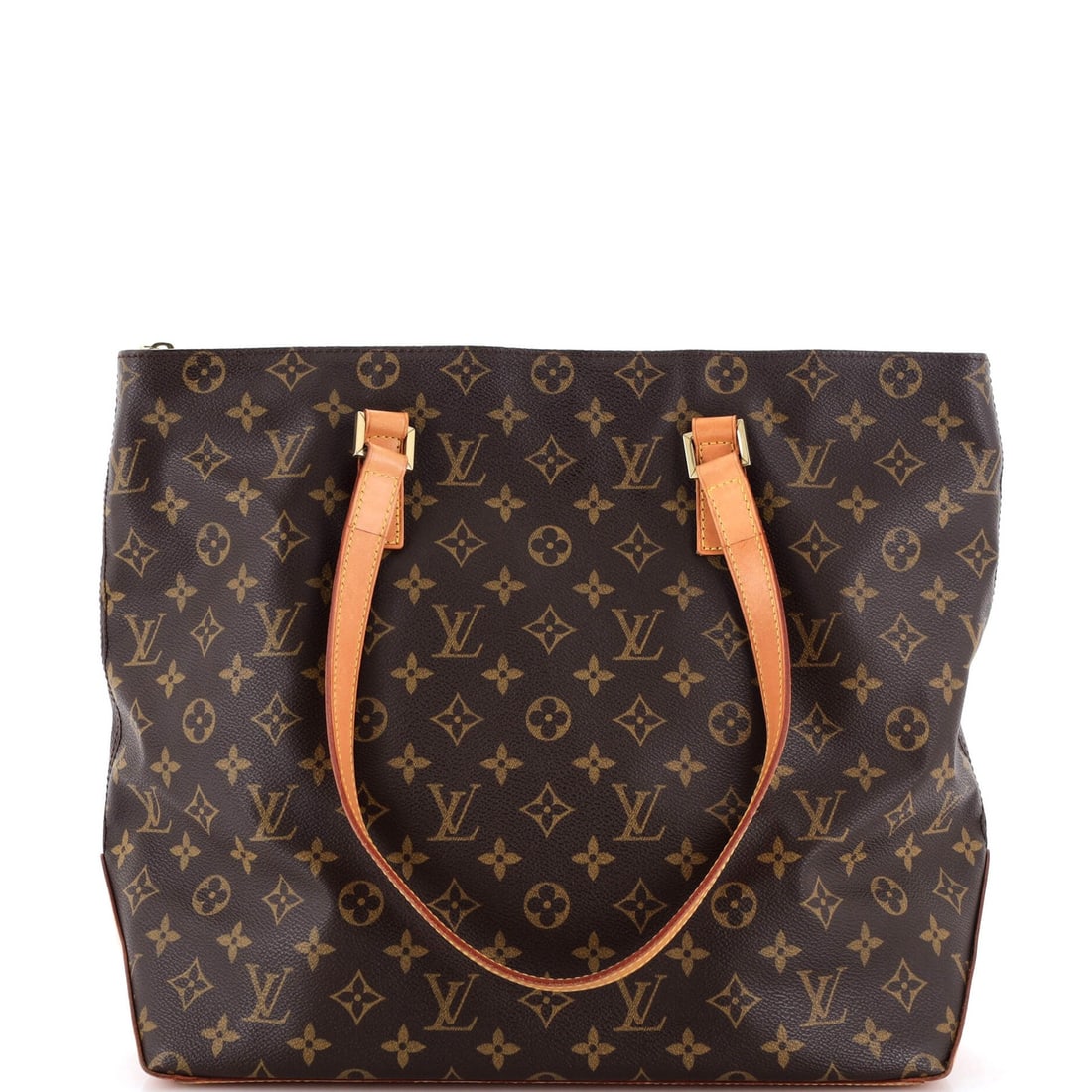 Cabas Monogram Mezzo Vuitton Louis: Cabas Monogram Mezzo Vuitton Louis Brown leather Cabas Monogram Mezzo Vuitton Louis tote with gold hardware, featuring scuffs and edge wear on the exterior. The interior is lined in brown fabric,