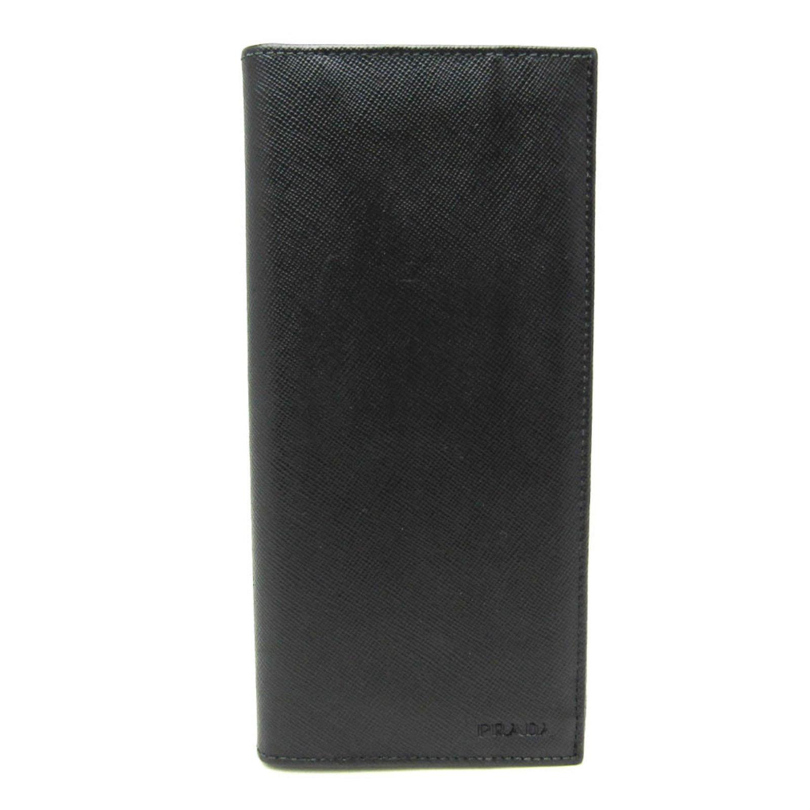 Prada Long Wallet (Bi-Fold) Leather: Prada Long Wallet (Bi-Fold) Leather Black leather bi-fold wallet from Prada, featuring a classic design with clean lines and minimal ornamentation. The long size provides ample space for cards and