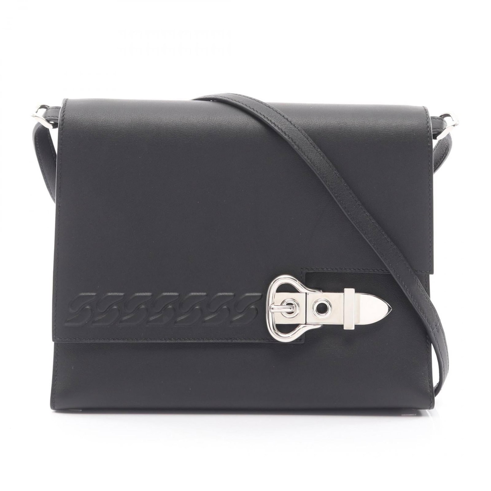 Swift leather shoulder bag by Hermes: Swift leather shoulder bag by Hermes Swift leather shoulder bag by Hermes, featuring swift leather material in black color. This used (very good) condition bag has some scratches and dirt but overall