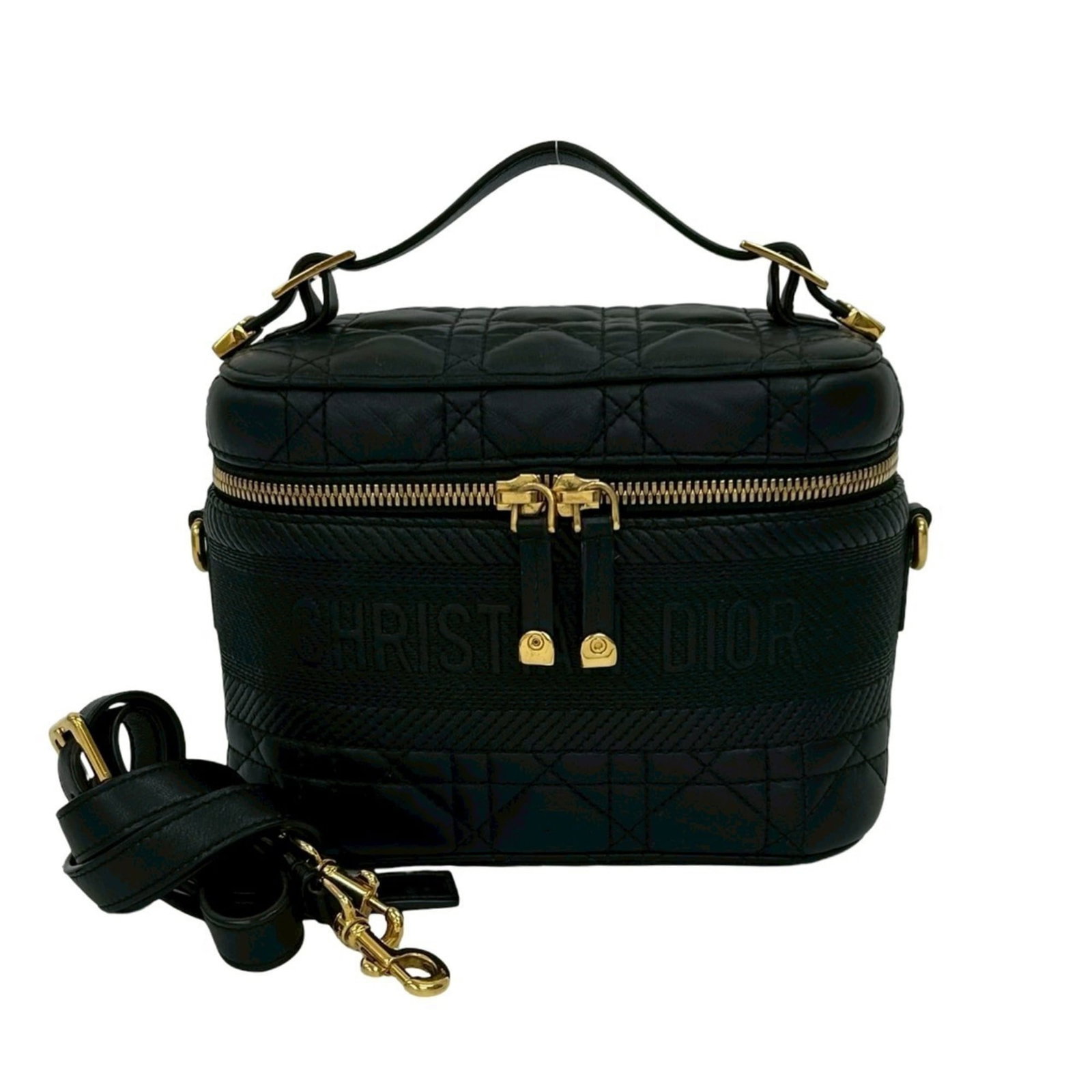 Christian Dior Handbag Shoulder Bag Vanity Bag Leather: Christian Dior Handbag Shoulder Bag Vanity Bag Leather Black leather shoulder bag with Christian Dior logo, measuring 14cm x 18cm x 10.5cm. This used vanity bag features traces of usage and minor