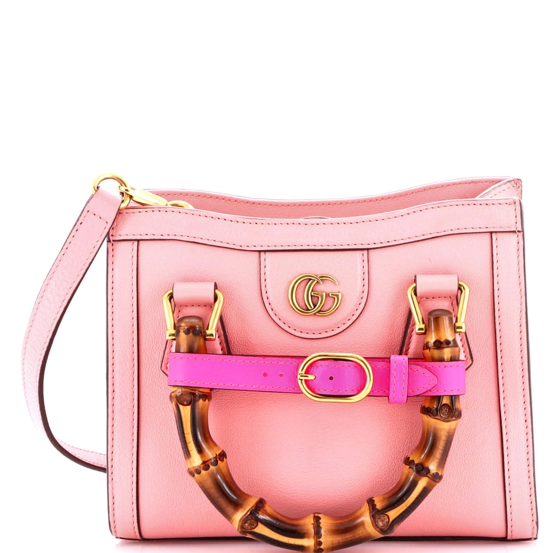 Gucci Diana NM Bamboo Handle Tote Leather Mini: Gucci Diana NM Bamboo Handle Tote Leather Mini Pink leather mini cross body bag from Gucci's Diana NM collection, featuring bamboo handle and microfiber interior. Minor scuffs and corner wear on the