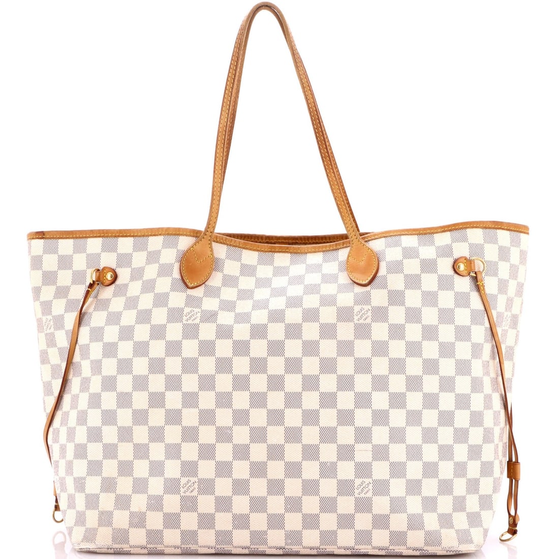 Damier Neverfull Tote by Louis Vuitton: Damier Neverfull Tote by Louis Vuitton White Damier GM canvas coated tote bag by Louis Vuitton, featuring a classic Neverfull design with heavy edge wear and scuffs on the exterior. The interior boast