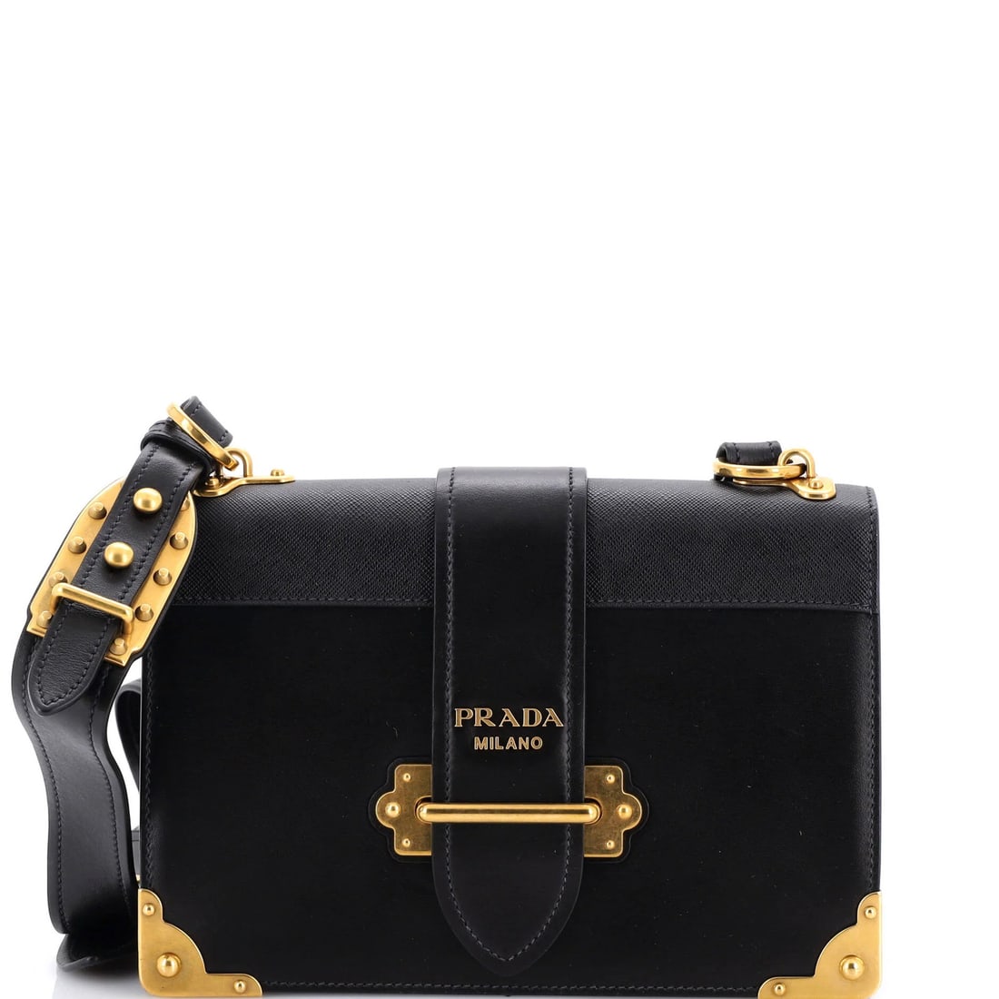 Large leather bag with saffiano leather crossbody Cahier Prada: Large leather bag with saffiano leather crossbody Cahier Prada Black Saffiano Leather Prada Cahier Crossbody Bag with Aged Gold Hardware, featuring minor creases and scuffs on the exterior. This