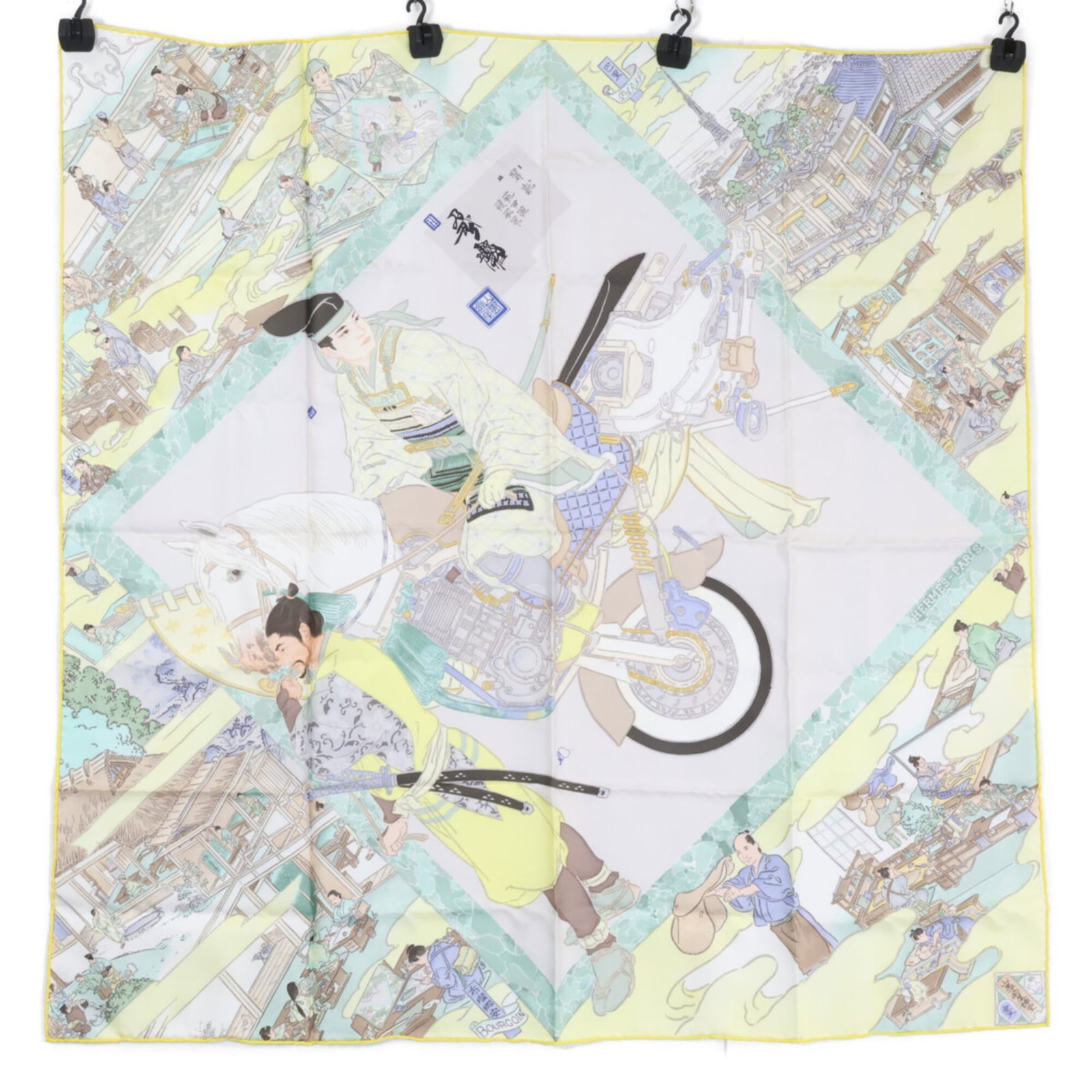 Hermes silk scarf: Hermes silk scarf Yellow silk scarf from the renowned French fashion house Hermes, featuring a subtle sheen and a soft, luxurious texture. Measuring 88cm x 89cm, this scarf bears a few traces of usage