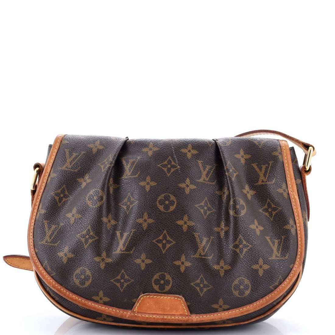 Menilmontant Handbag Louis Vuitton Monogram Canvas: Menilmontant Handbag Louis Vuitton Monogram Canvas Brown canvas coated Louis Vuitton Menilmontant handbag with monogram pattern, featuring gold hardware and brown interior. The bag measures 8" high,