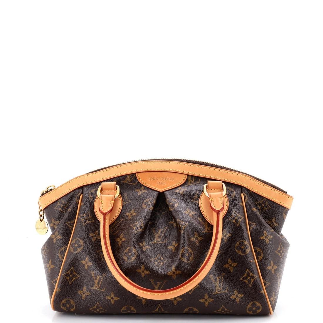Louis Vuitton Tivoli Handbag Monogram Canvas PM: Louis Vuitton Tivoli Handbag Monogram Canvas PM Brown Louis Vuitton Tivoli Handbag Monogram Canvas PM with gold hardware, measuring 9" tall and 11" wide. The exterior features minor scuffs, corner wea