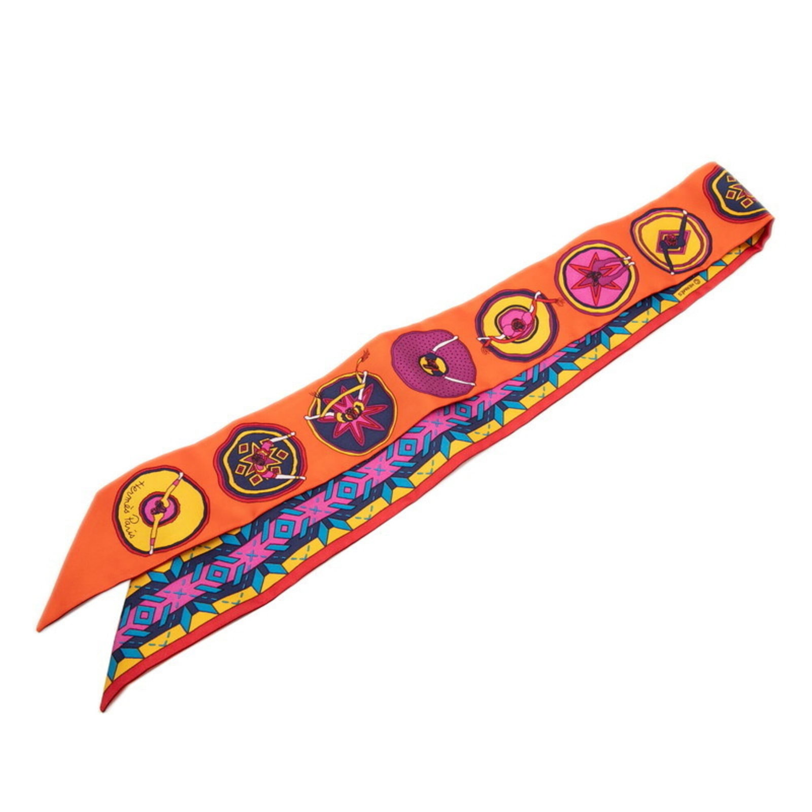 Silk scarf from Hermes: Silk scarf from Hermes Silk scarf from the renowned French luxury brand Hermes, featuring a vibrant multi-color design with an orange accent. Made from high-quality silk, this scarf measures 85cm x