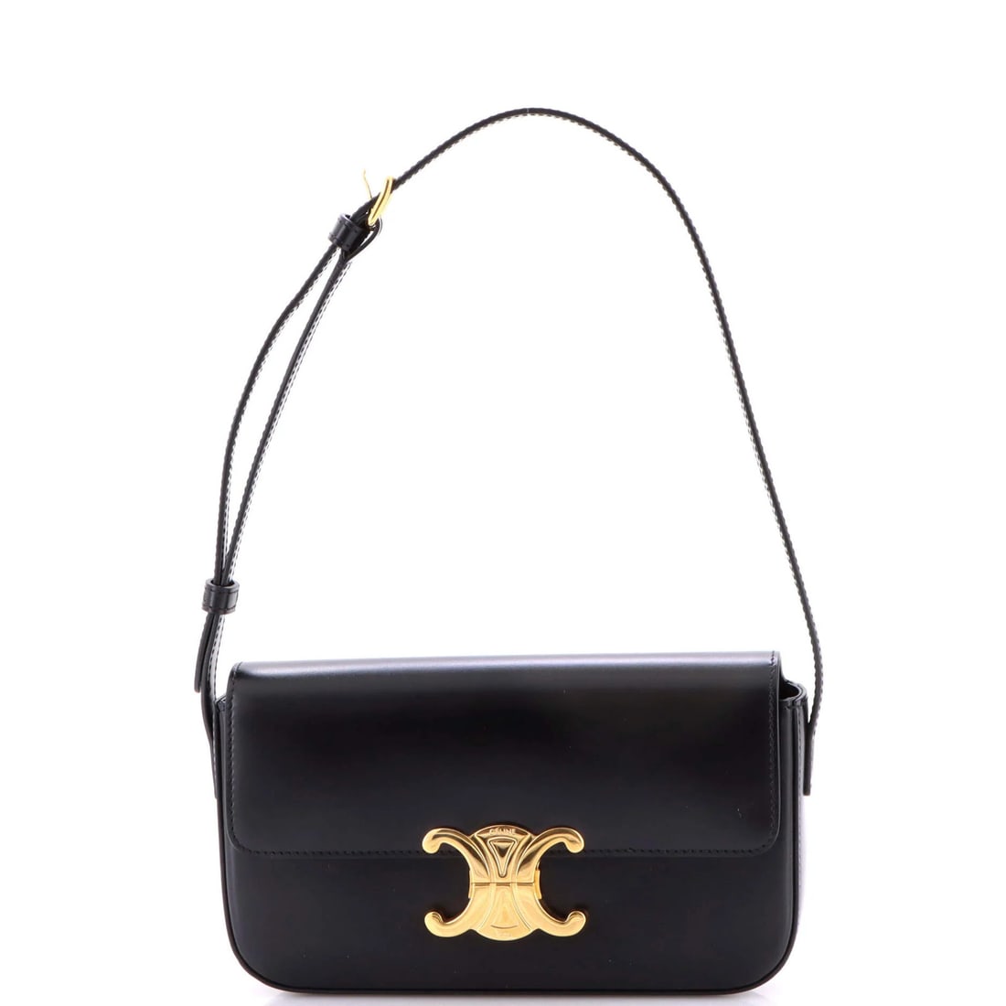 Calfskin Celine Bag Triomphe East West Smooth Shoulder: Calfskin Celine Bag Triomphe East West Smooth Shoulder Calfskin Celine Triomphe East-West Shoulder Bag in Black features smooth leather exterior with minor scuffs and gold hardware. The bag measures
