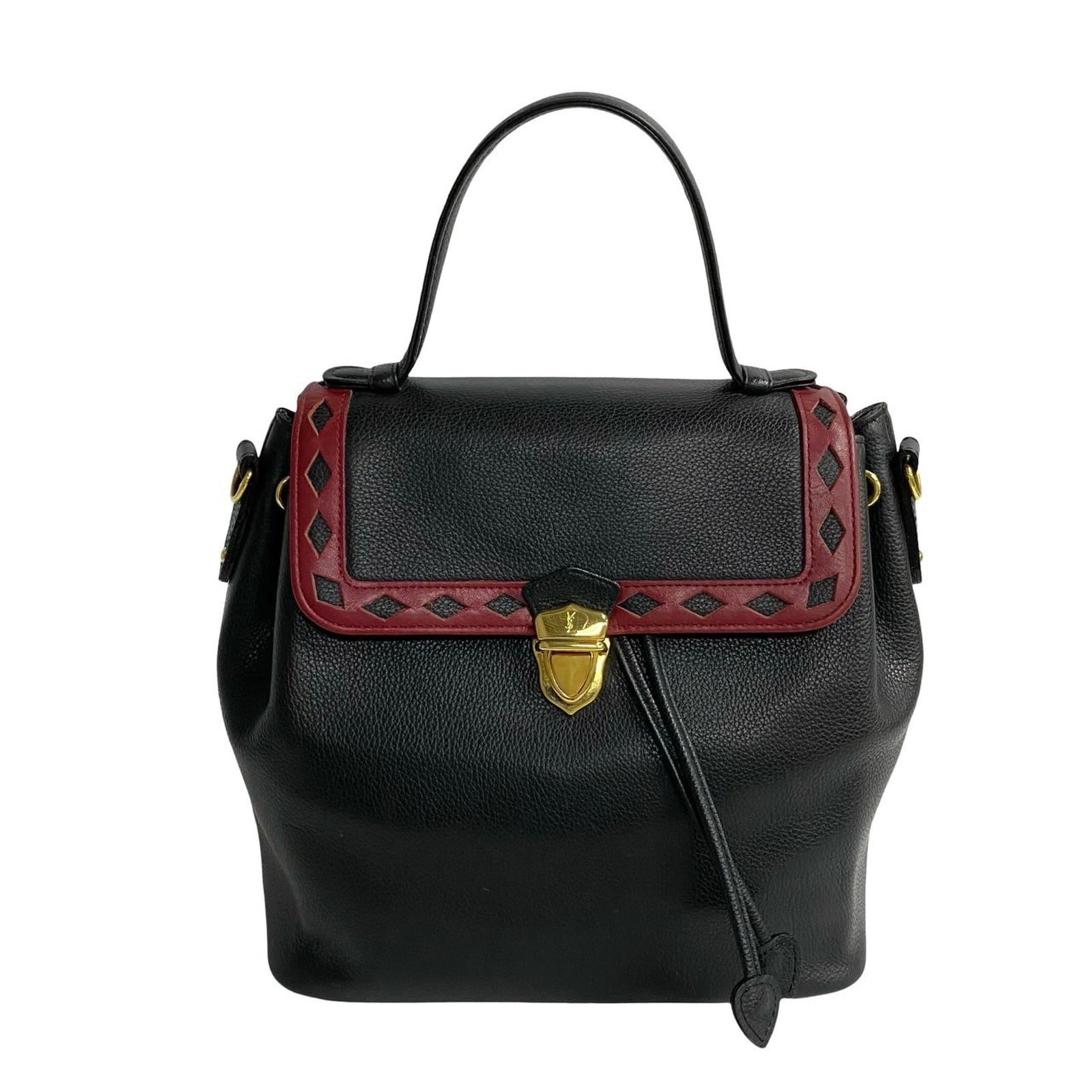 Saint Laurent Yves Handbag Leather: Saint Laurent Yves Handbag Leather Used Saint Laurent Yves Handbag Leather in black and red colors, featuring a classic design with traces of usage and minor scratches. The leather material shows
