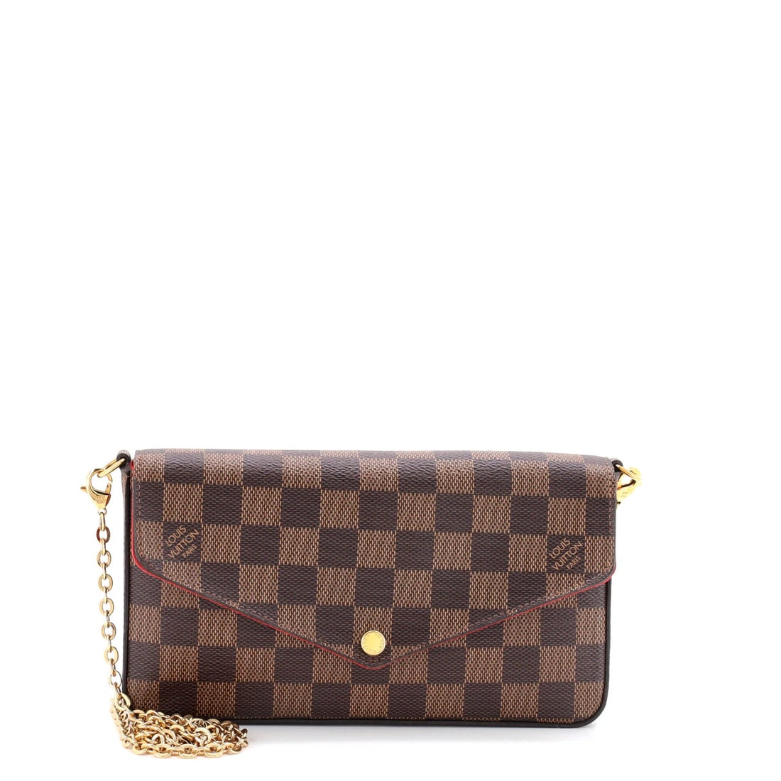 Felicie Pochette by Louis Vuitton: Felicie Pochette by Louis Vuitton The Felicie Pochette by Louis Vuitton boasts a classic design with a brown canvas exterior and gold hardware, featuring a card holder pouch and adjustable strap.