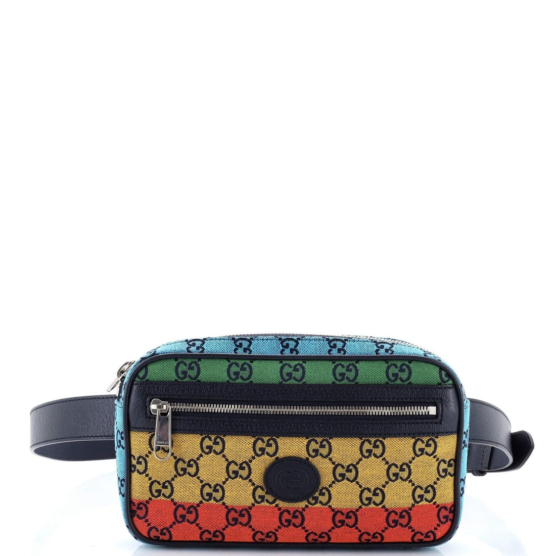 Gucci Canvas Multicolor Belt Bag: Gucci Canvas Multicolor Belt Bag Canvas multicolor bag with silver hardware, featuring the iconic Gucci GG canvas design in blue, red, and yellow. The bag measures 5.5" tall, 9" wide, and 2" deep, wit