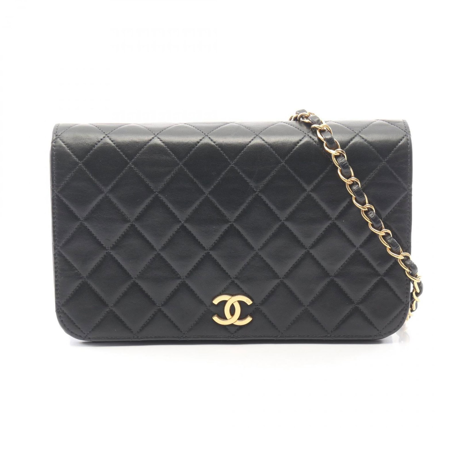 Chanel Handbag Shoulder Bag Leather: Chanel Handbag Shoulder Bag Leather Black lambskin leather Chanel shoulder bag with gold hardware, featuring a push lock outer pocket. Measuring 14cm x 23.5cm x 6cm, it has a strap length of 87cm and