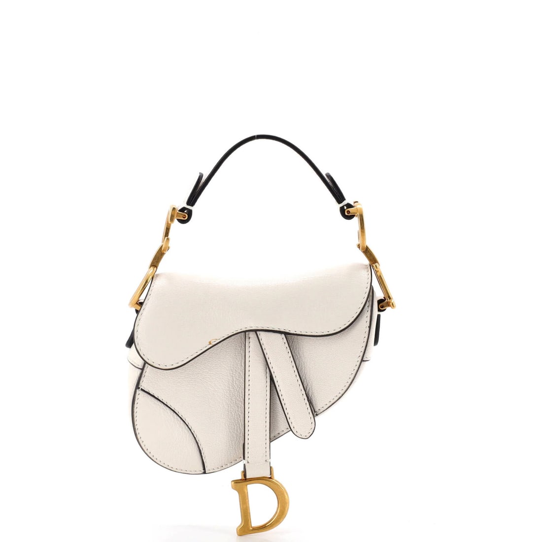 Christian Dior Handbag Saddle Leather: Christian Dior Handbag Saddle Leather White Saddle Leather Christian Dior Micro Handbag with Aged Gold Hardware, featuring edge wear and minor scuffs on the exterior, and minor cracking on the