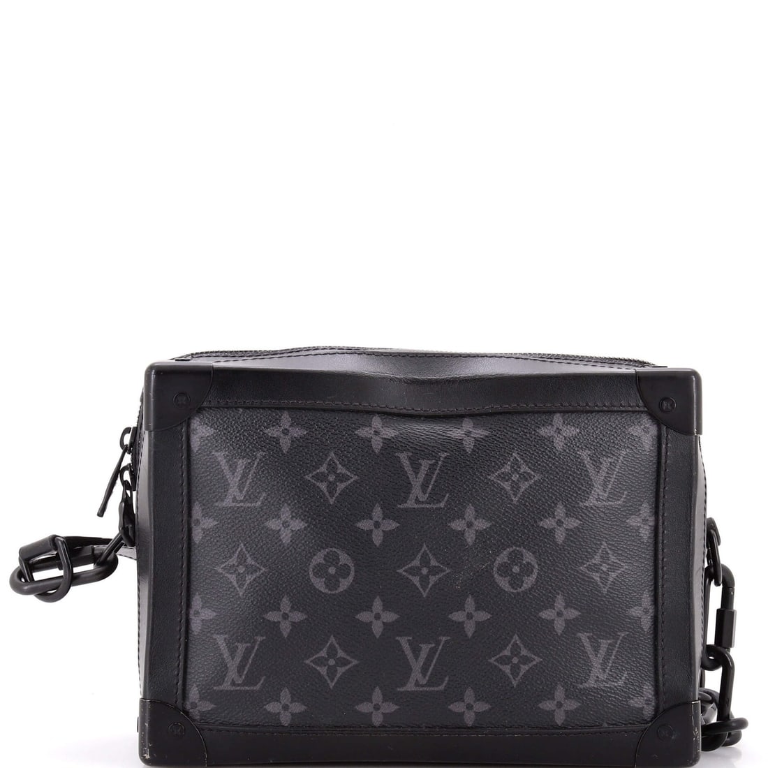 Soft trunk bag monogram canvas eclipse Louis Vuitton: Soft trunk bag monogram canvas eclipse Louis Vuitton Soft trunk bag monogram canvas eclipse Louis Vuitton in black, featuring a classic design with scuffed exterior and minor creases. Measuring