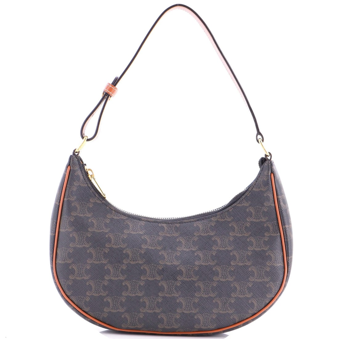 Coated Canvas Celine Triomphe Ava Bag: Coated Canvas Celine Triomphe Ava Bag Brown Coated Canvas Celine Triomphe Ava Bag for sale, featuring a classic hobos style with minor scuffs and creases on the exterior. The interior boasts a brown