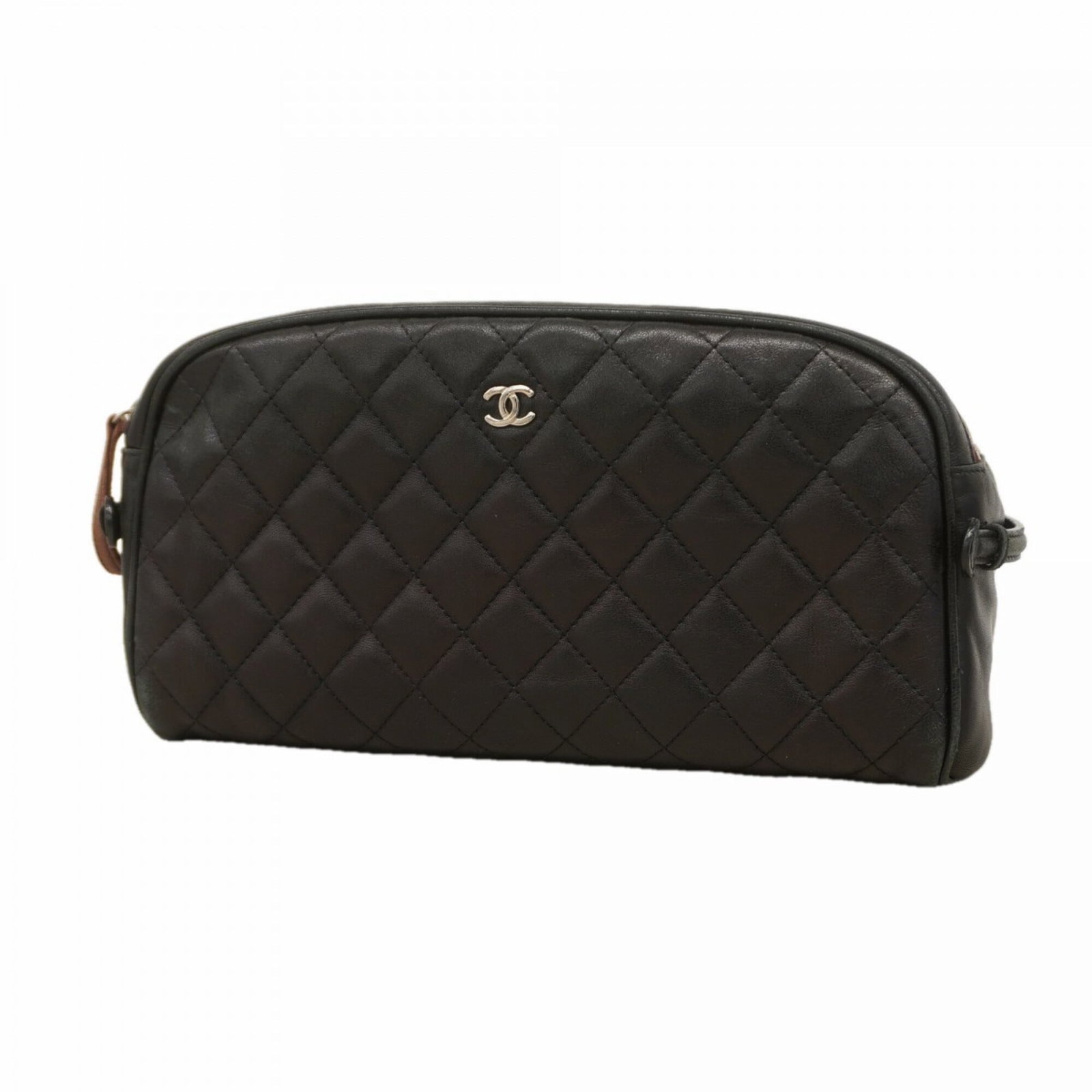Chanel Leather Pouch: Chanel Leather Pouch This black Chanel leather pouch features lambskin material and silver hardware, showcasing the iconic brand's signature style. With its classic design and timeless appeal, it rema