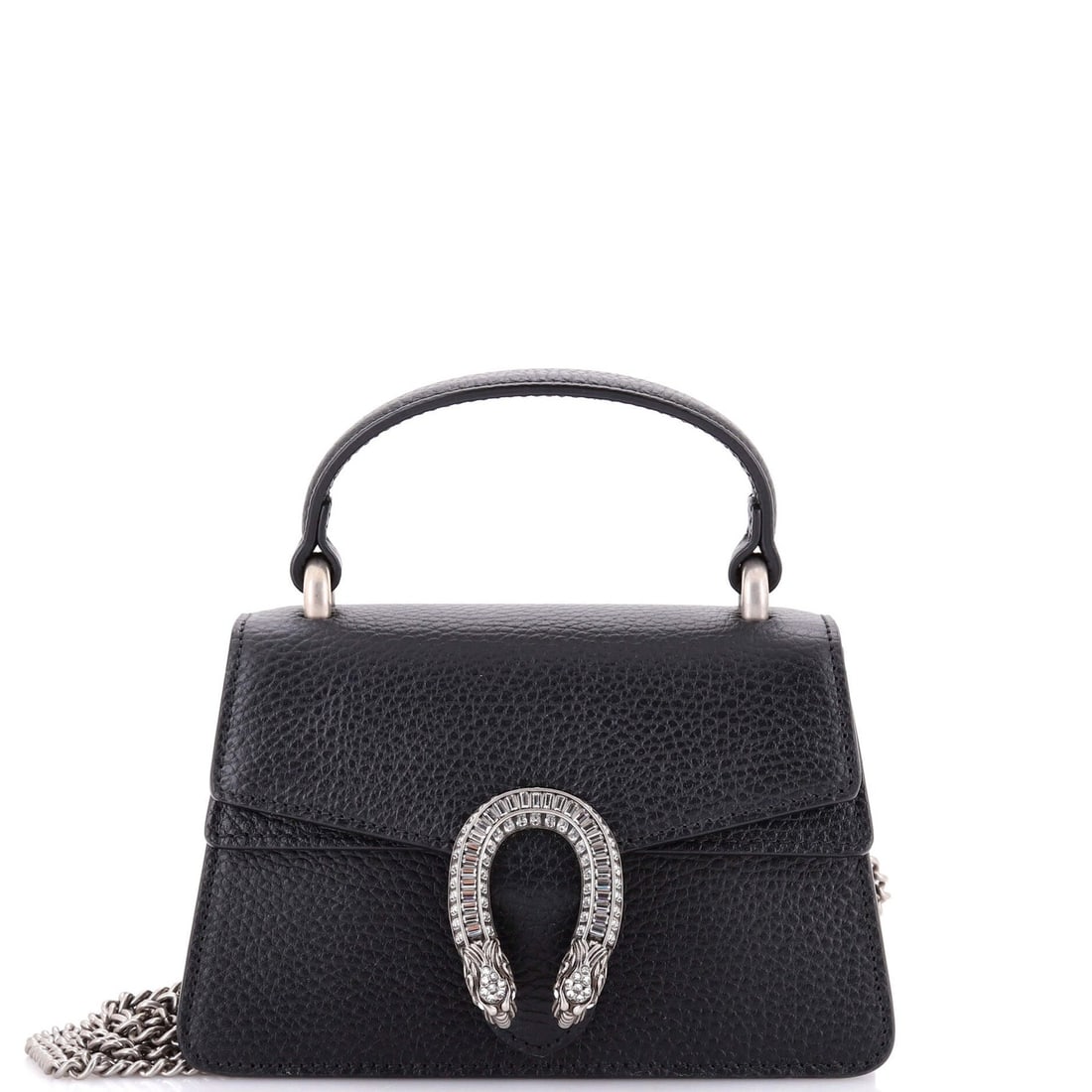 Mini top handle leather bag with crystals from Gucci Dionysus: Mini top handle leather bag with crystals from Gucci Dionysus Crystal-embellished leather mini top handle bag from the iconic Gucci Dionysus style, boasting sleek black exterior and neutral interior. 