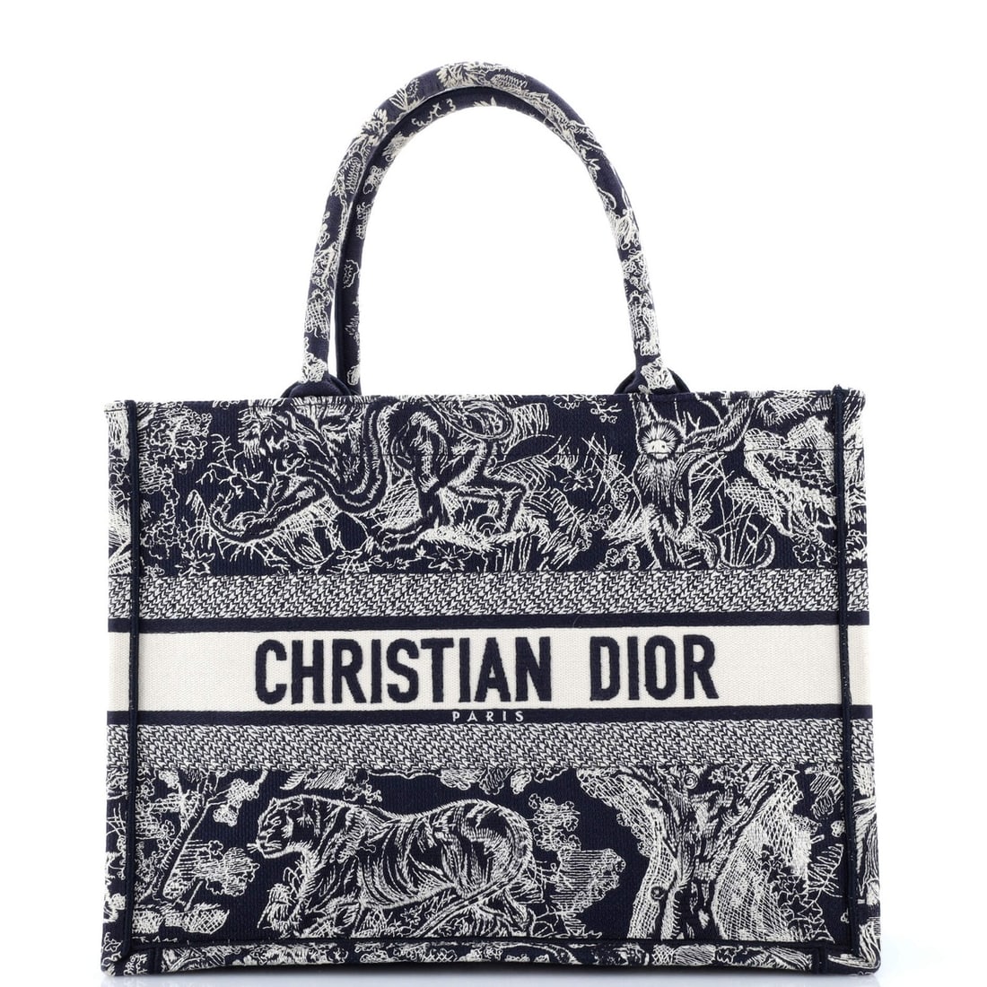 Dior Canvas Embroidered Book Medium Tote Christian: Dior Canvas Embroidered Book Medium Tote Christian The Dior Canvas Embroidered Book Medium Tote Christian boasts a striking blue canvas exterior with elegant embroidery, making it a stylish and