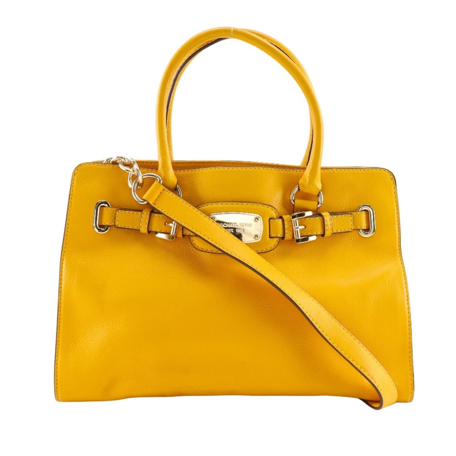 Handbag of Michael Kors Leather: Handbag of Michael Kors Leather Yellow Michael Kors leather handbag with visible scratches and dirt, measuring 25cm x 36.5cm x 14.5cm in size. This used handbag bears the signature of its creator,