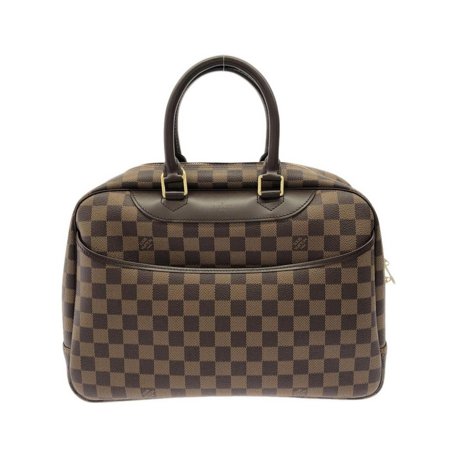 Canvas coated handbag Louis Vuitton: Canvas coated handbag Louis Vuitton This Louis Vuitton handbag boasts a classic Ebene coated canvas design, adorned with gold hardware. Measuring 25cm x 35cm x 14cm, it's a stylish and compact