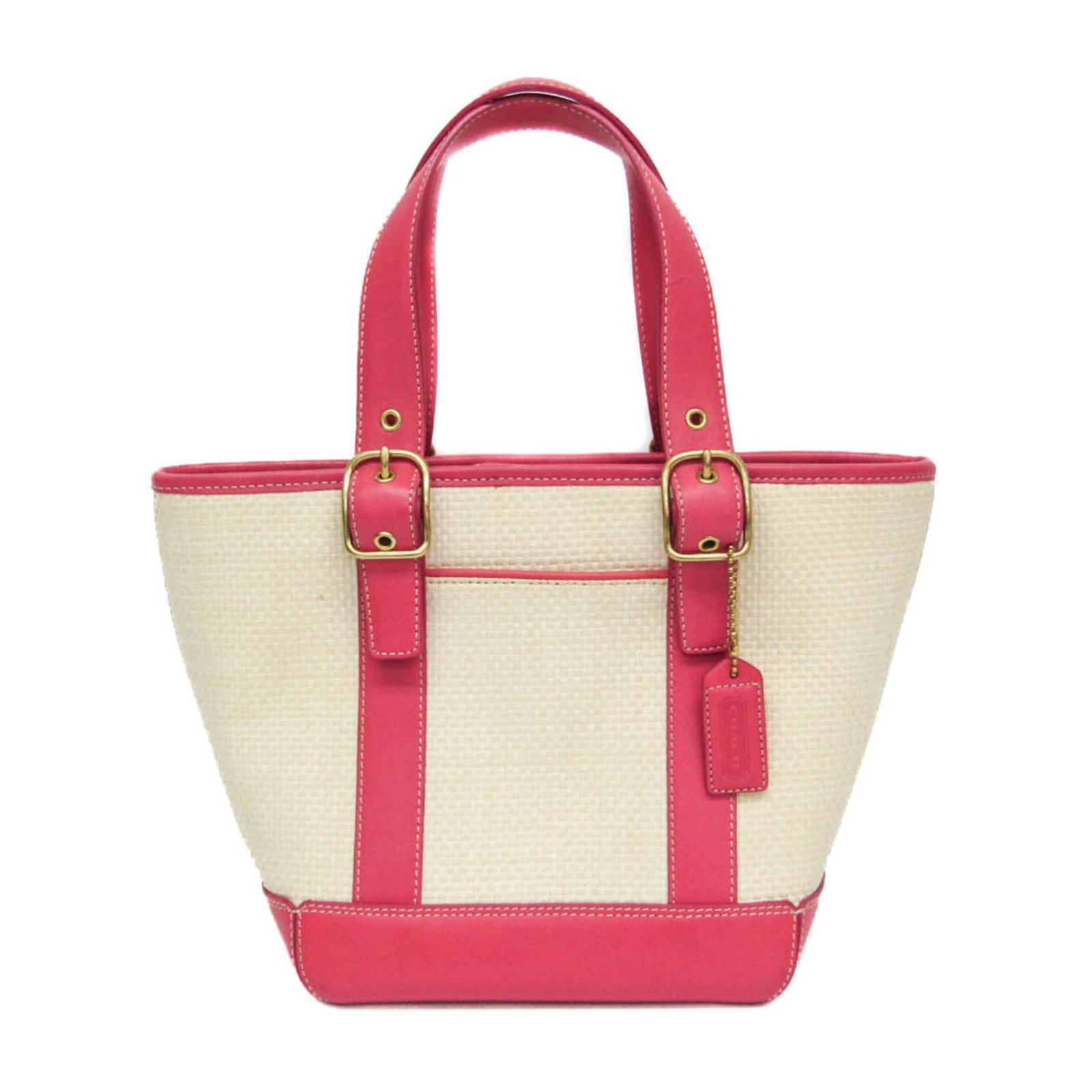 Handbag Coach Tote Straw Leather: Handbag Coach Tote Straw Leather Straw and leather blend in this light beige Coach tote bag, featuring a magnetic snap closure and zipper pocket for added convenience. The open pocket on one side