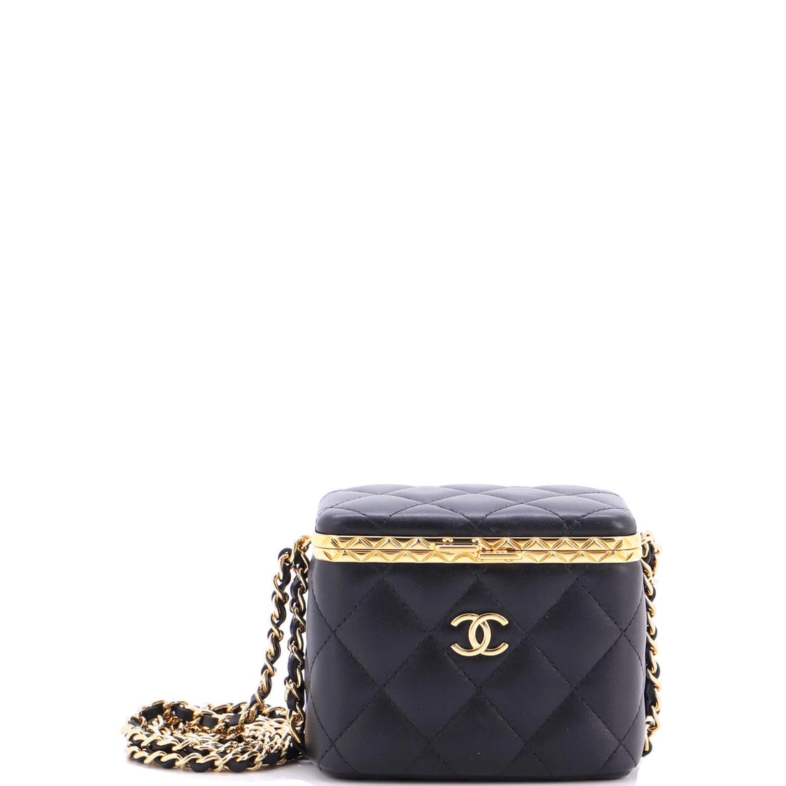 Chanel lambskin quilted chain case small frame vanity lock: Chanel lambskin quilted chain case small frame vanity lock Small Chanel lambskin quilted chain case with mirror, featuring a classic black exterior and gold hardware. This compact vanity lock measures