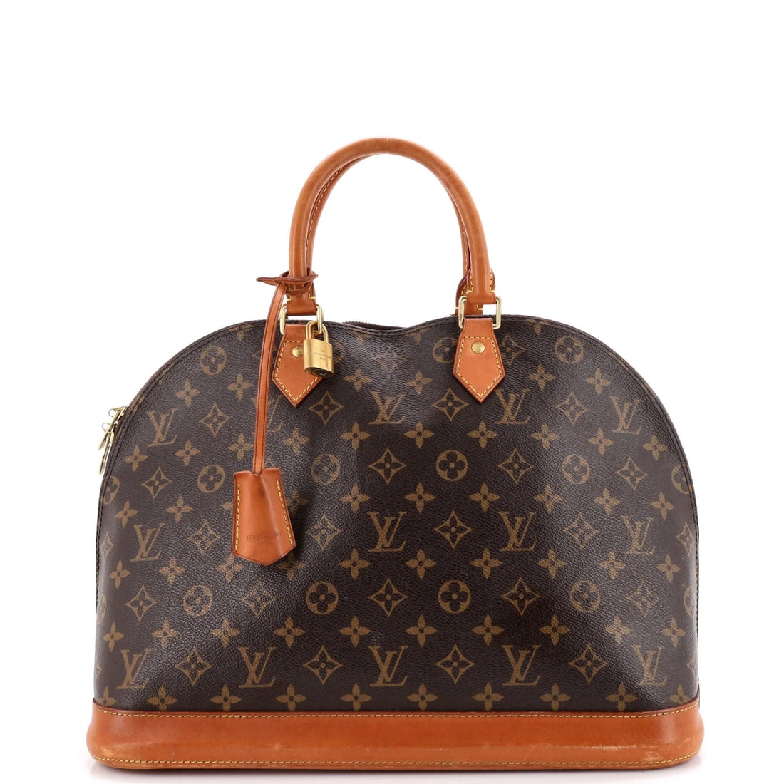Canvas monogram handbag Alma Vuitton Louis: Canvas monogram handbag Alma Vuitton Louis Canvas monogram handbag Alma Vuitton Louis in brown, featuring a classic top handle design with scuffs and discoloration on the exterior. The interior boasts