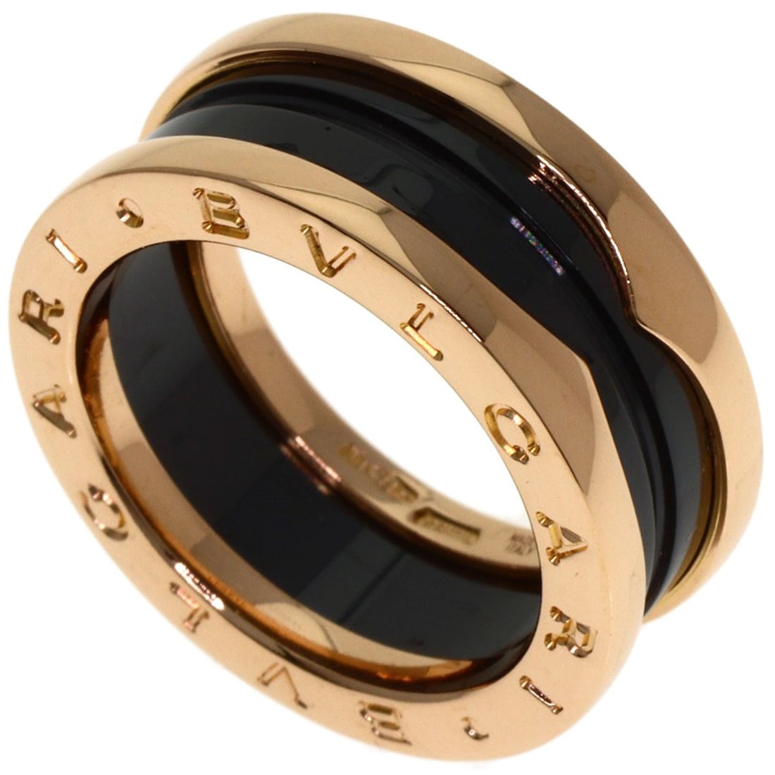 Bvlgari B.Zero1 2-Band Black Ceramic #51 Ring K18 Pink Gold: Bvlgari B.Zero1 2-Band Black Ceramic #51 Ring K18 Pink Gold K18 Pink Gold band encircles a sleek, black ceramic design in a striking two-band configuration. The BVLGARI B.Zero1 style showcases the
