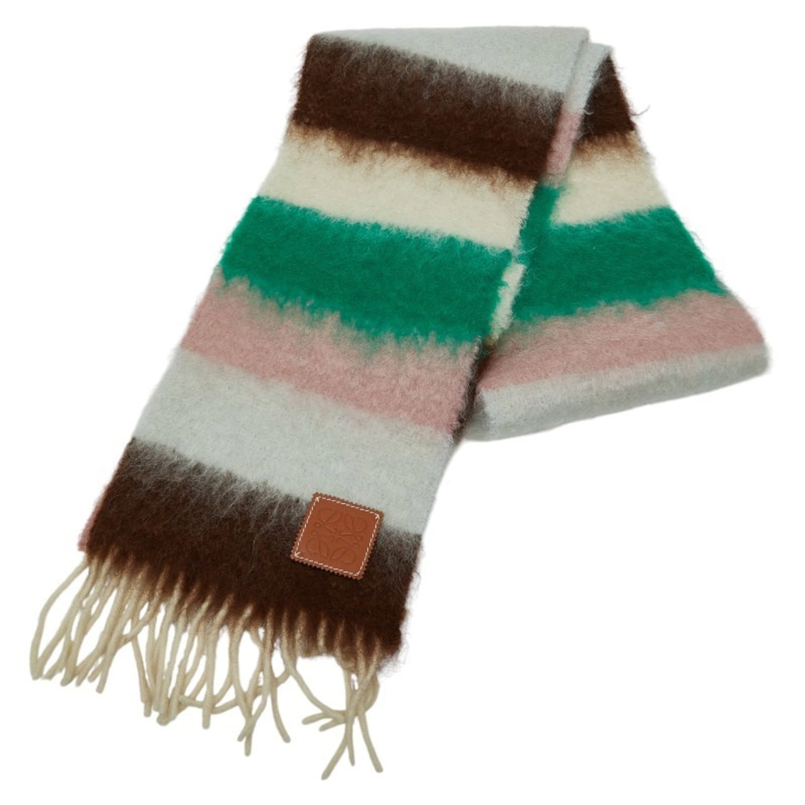 Loewe Scarf Wool Mohair Nylon: Loewe Scarf Wool Mohair Nylon Used Loewe Scarf with a unique blend of wool, mohair, and nylon materials. This multi-colored scarf boasts a vibrant design that still retains its original charm despite