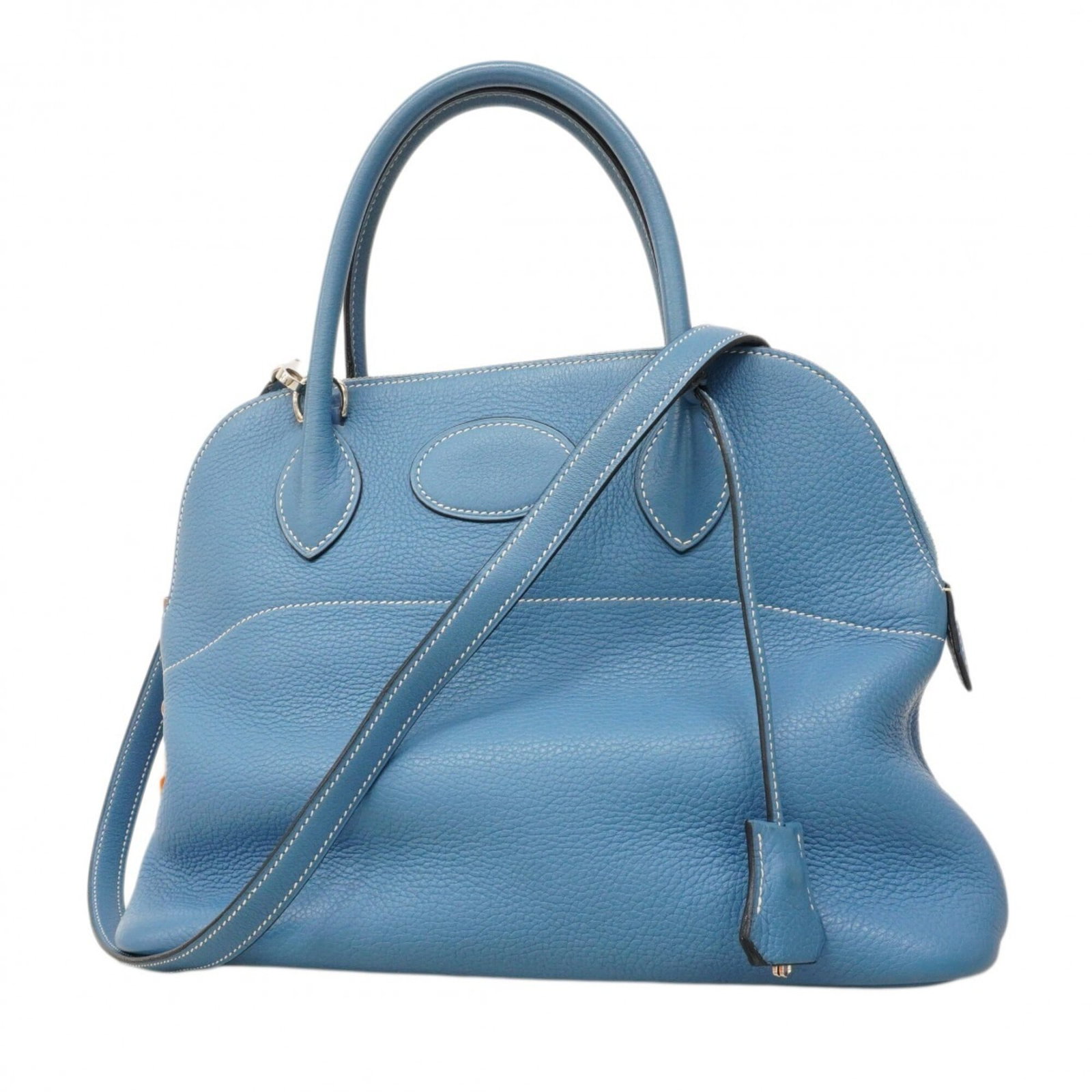 Clemence Leather Hermes Taurillon Handbag: Clemence Leather Hermes Taurillon Handbag Taurillon Clemence Leather Handbag from Hermes, featuring a unique blend of style and durability. This pre-owned blue jean-colored bag boasts silver