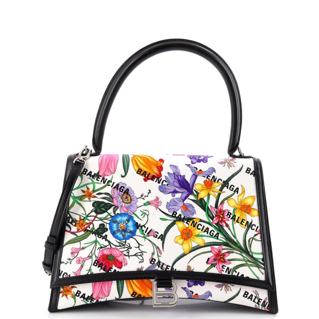 Hacker Flora Gucci Balenciaga Hourglass Bag Top Handle Canvas: Hacker Flora Gucci Balenciaga Hourglass Bag Top Handle Canvas Canvas Gucci Balenciaga Hacker Flora Hourglass Top Handle Bag in Medium Size. Features a print exterior in white and plain canvas