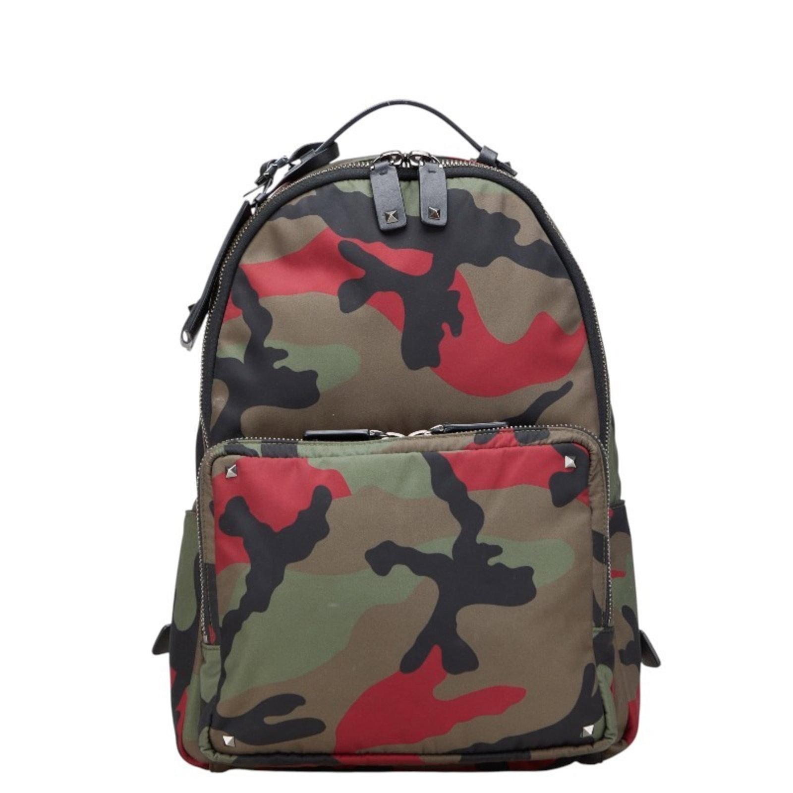 Backpack nylon leather Valentino: Backpack nylon leather Valentino Nylon and leather combine in this unique Valentino backpack, featuring a khaki and multi-color design with red accents. The bag's durable nylon exterior is
