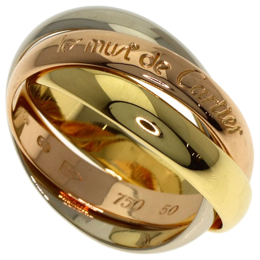 K18 Yellow Gold K18 White Gold Cartier Trinity #50 Ring: K18 Yellow Gold K18 White Gold Cartier Trinity #50 Ring K18 Yellow Gold K18 White Gold Cartier Trinity #50 Ring boasts its striking gold metal exterior, crafted from high-purity K18 material. This