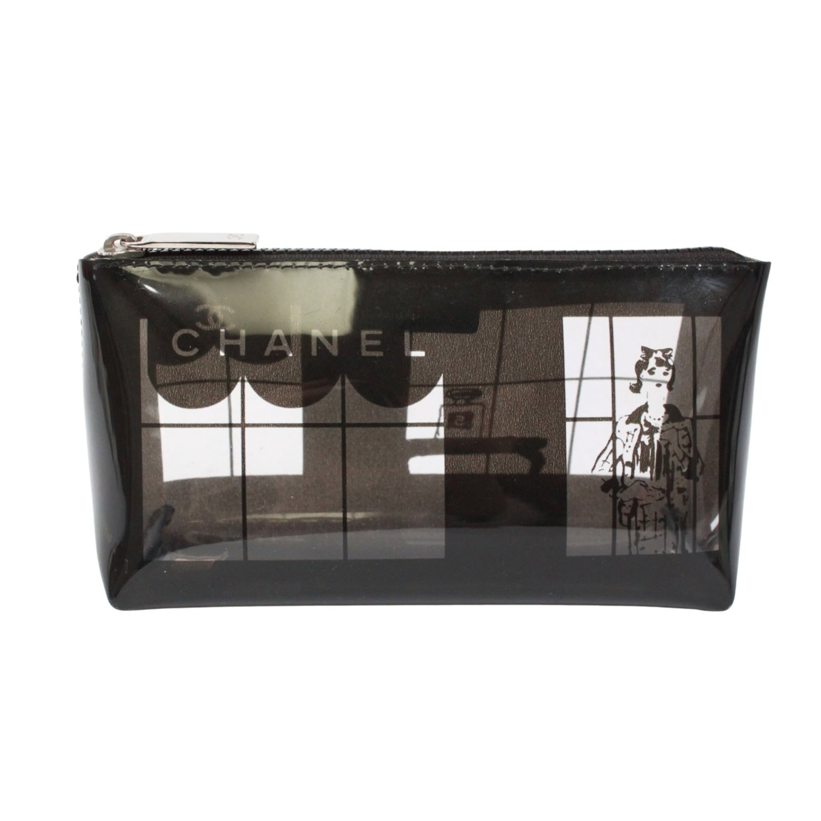 Pouch PVC by Chanel: Pouch PVC by Chanel Pouch PVC by Chanel features a sleek black and clear design, showcasing the iconic brand's signature style. Made from high-quality PVC material, this pouch measures 10cm x 19cm x 7