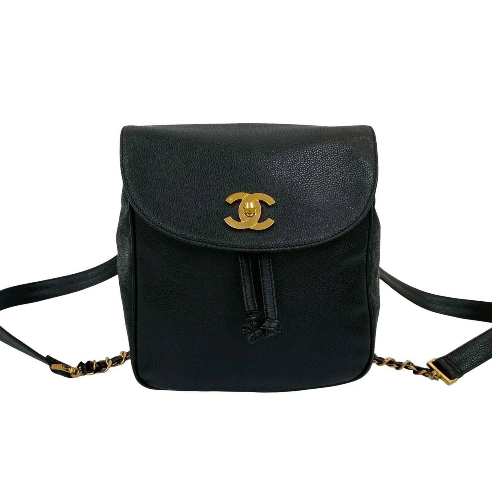Calfskin Grained Backpack Chanel: Calfskin Grained Backpack Chanel Black Grained Calfskin Backpack with Traces of Usage. This Chanel backpack features high-quality grained calfskin material and has been well-worn, showcasing its