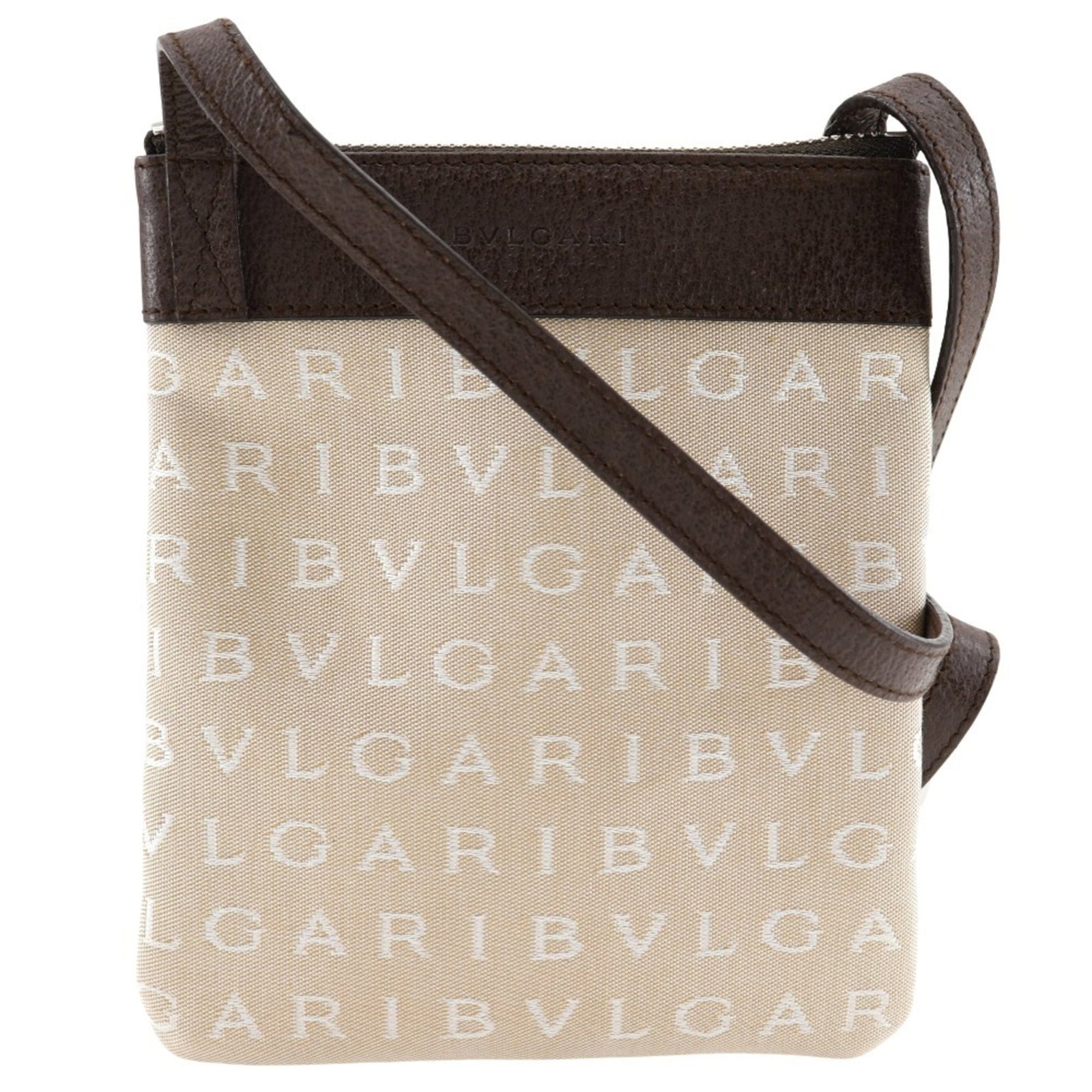 Bvlgari Pochette Shoulder Bag Canvas: Bvlgari Pochette Shoulder Bag Canvas Canvas Bvlgari Pochette Shoulder Bag in Beige. This pre-owned canvas shoulder bag features a classic design with a zipper closure, measuring 17cm x 14cm x 1.5cm