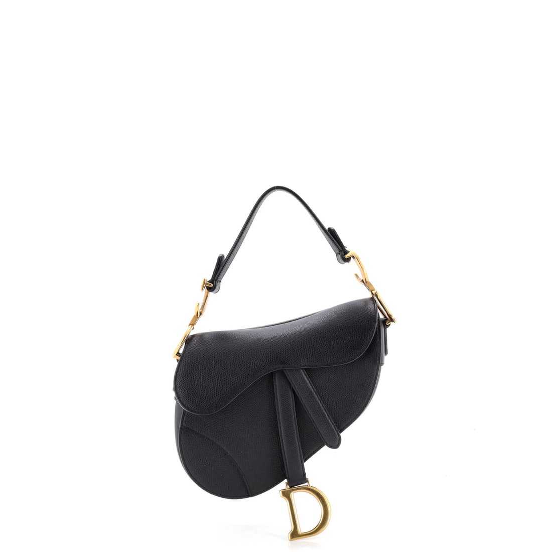 Mini leather saddle handbag by Christian Dior: Mini leather saddle handbag by Christian Dior Mini leather saddle handbag by Christian Dior. This black mini shoulder bag features suede interior and aged gold hardware, with exterior scuffs, edge wea